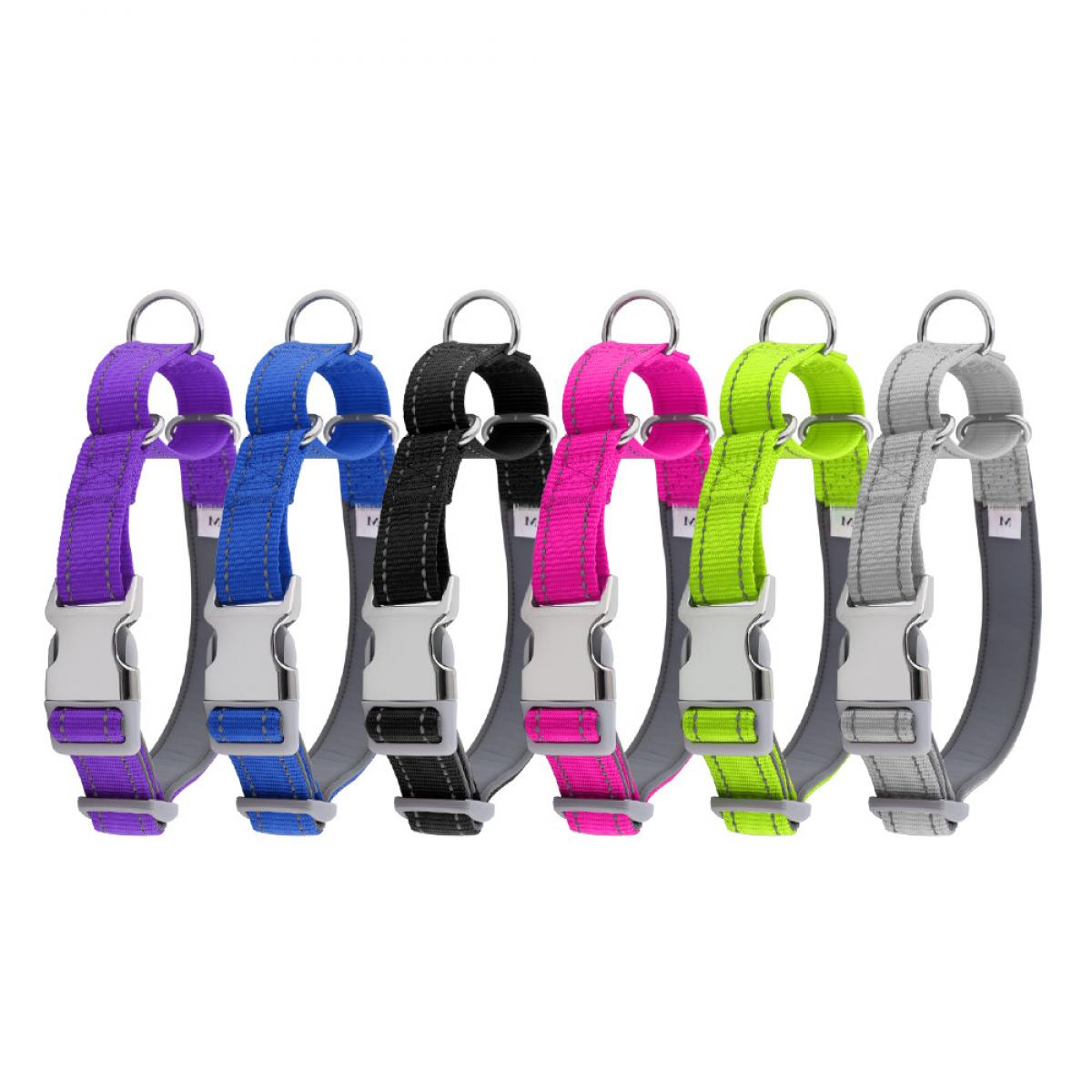 Sechs bunte Hundeleinen in Lila, Blau, Schwarz, Pink, Lindgrün und Grau.