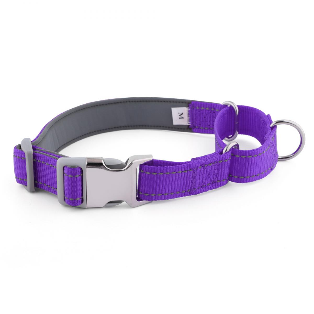 Ein violetter Hundehalsband mit silberner Schnalle und "M"-Größenetikett.