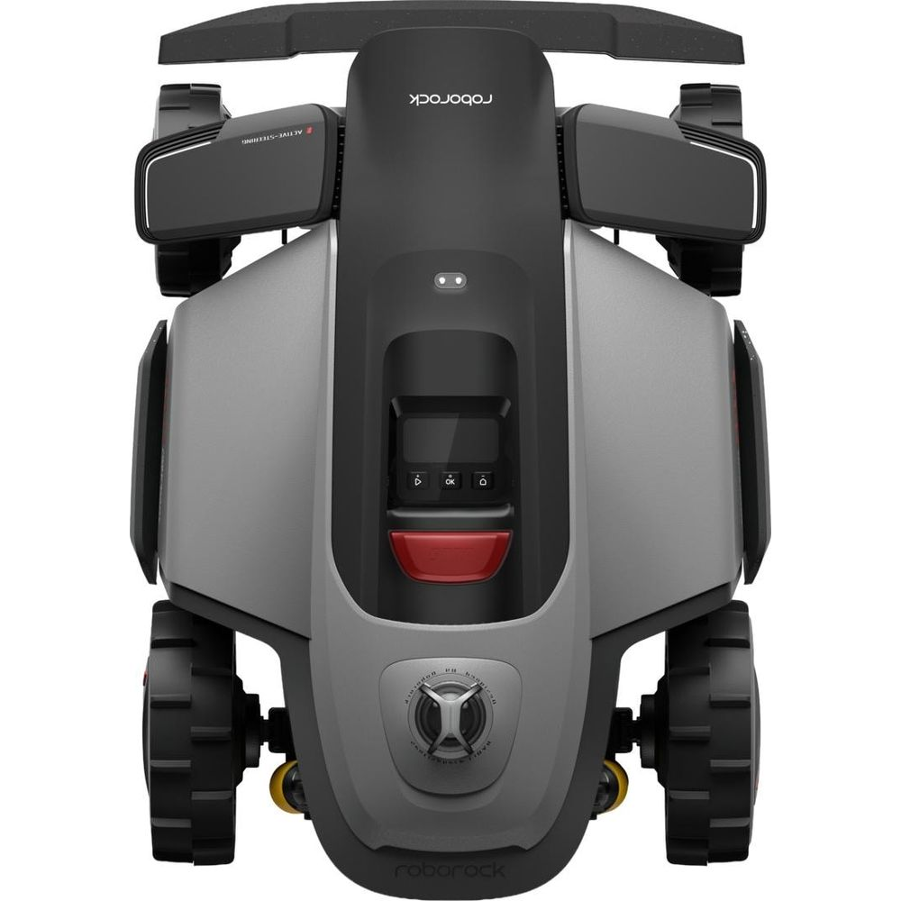 Ein grauer Rasenmähroboter mit schwarzer Oberseite und Rädern.