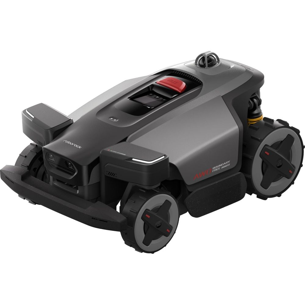 Ein grauer Mähroboter mit schwarzen Akzenten und großen Rädern.