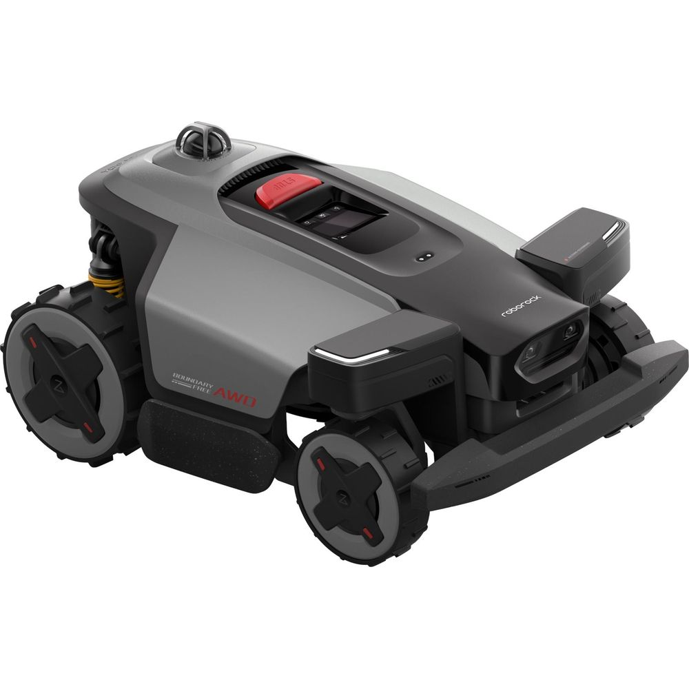 Ein grauer und schwarzer Roboter-Rasenmäher mit "AWD"-Aufschrift auf der Seite.