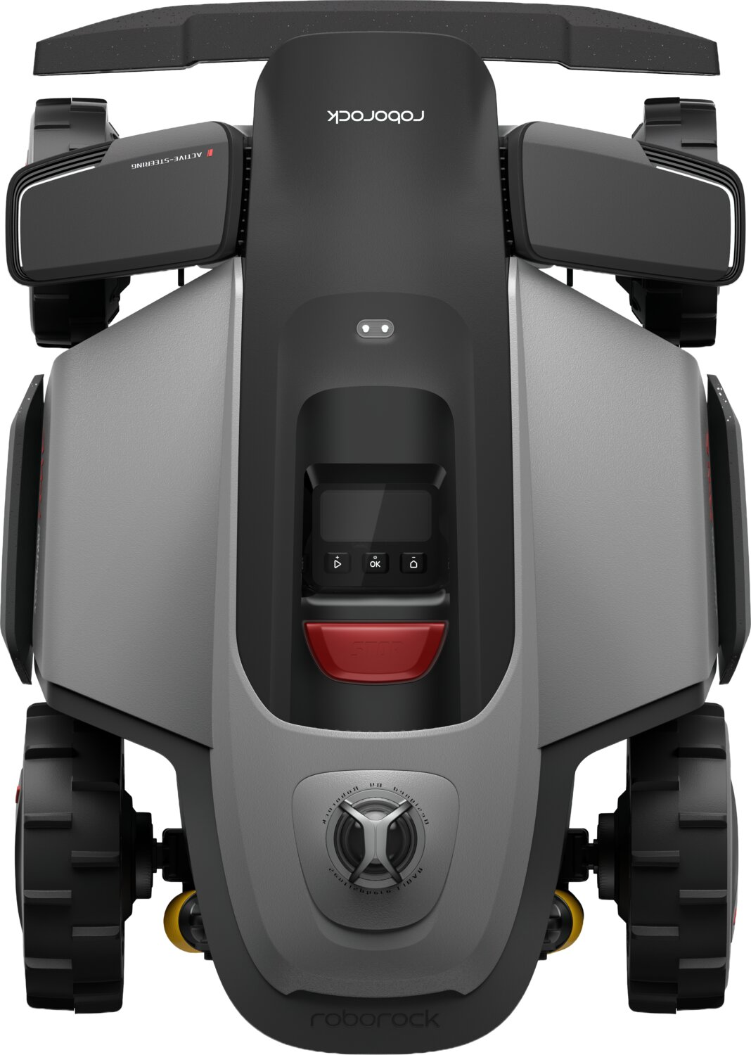 Grauer und schwarzer Roboter-Rasenmäher mit Rädern und Bedienfeld.