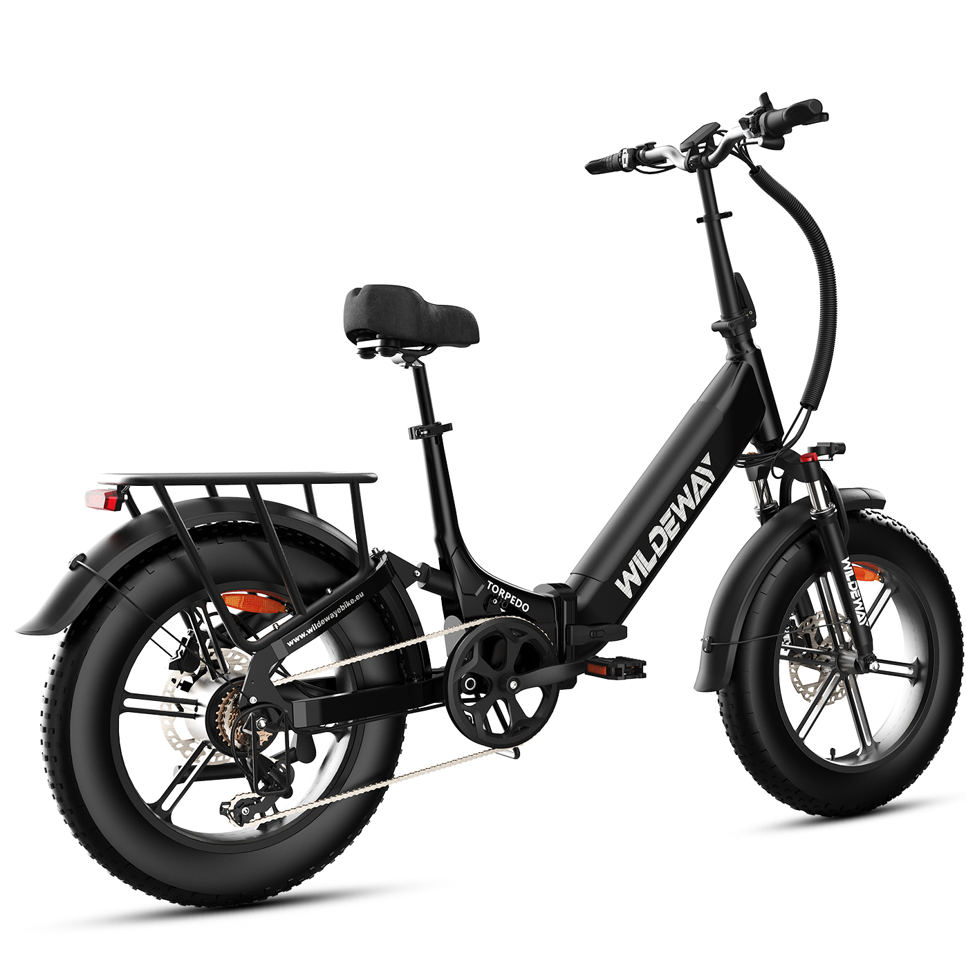 Bicicletta elettrica nera con pneumatici larghi, portapacchi posteriore e sospensione anteriore.