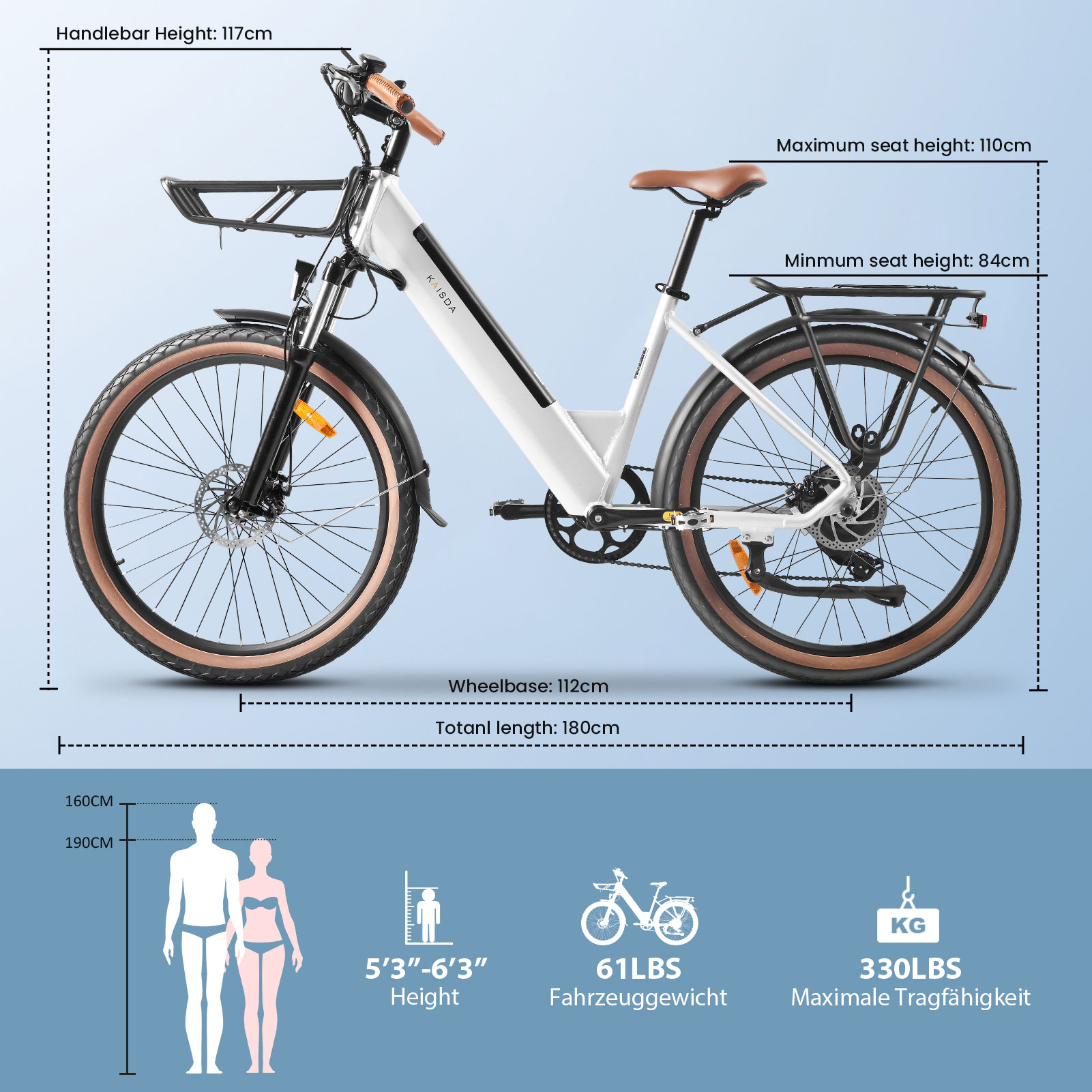 Bici elettrica bianca con sella marrone, portapacchi e misurazioni.