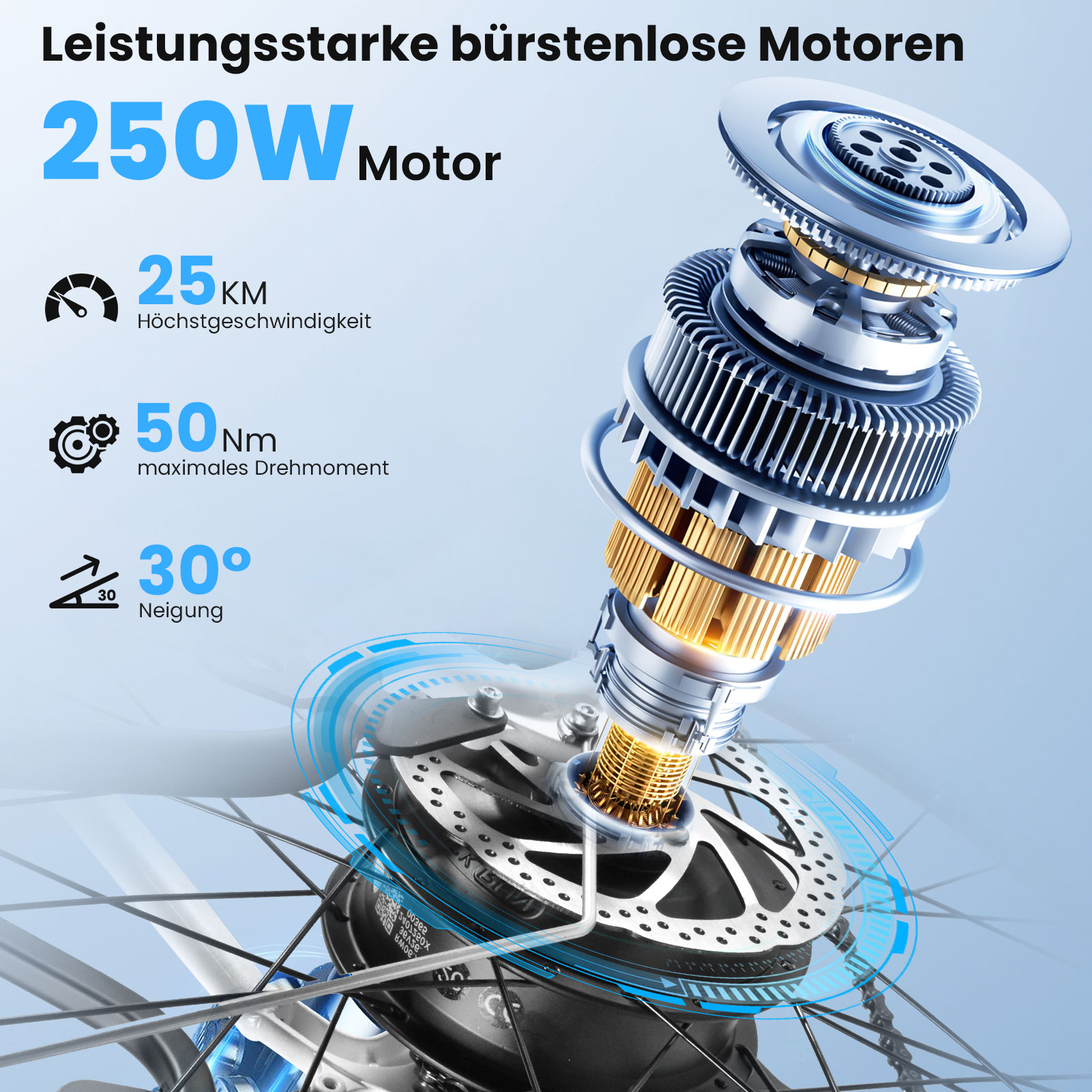 Un potente motore da 250W con 25 km/h di velocità max, 50 Nm di coppia e 30° di pendenza.