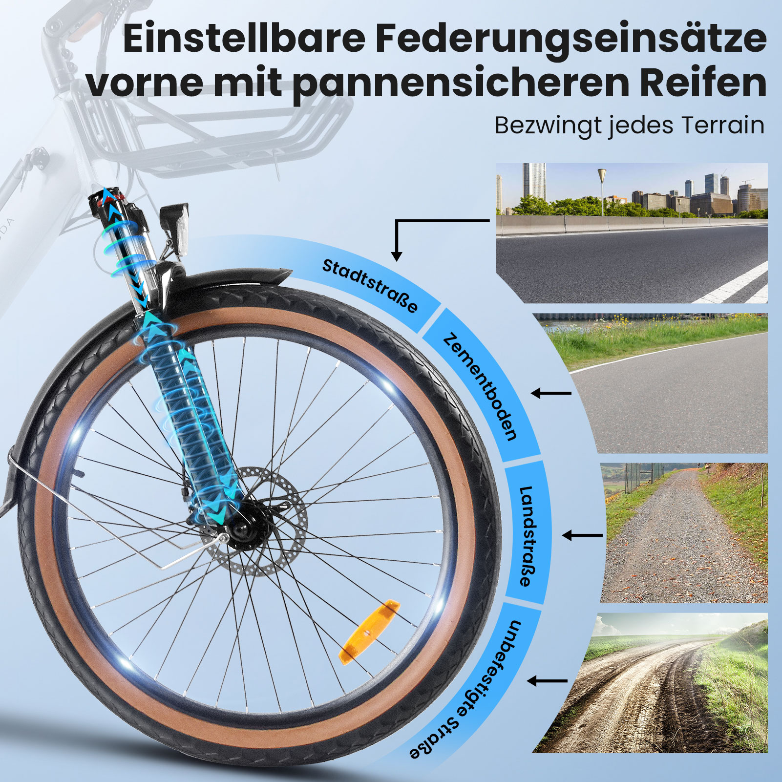 Forcella per bicicletta con sospensioni e pneumatici per vari terreni.