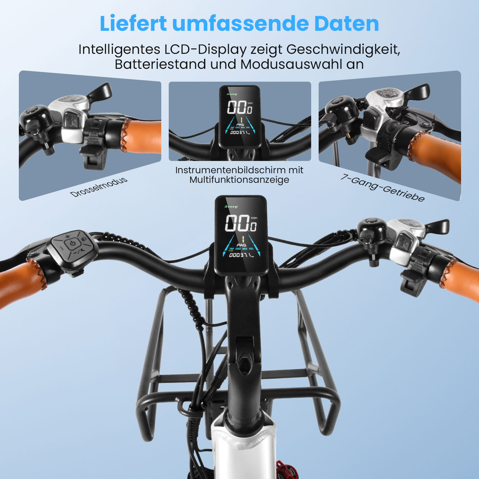 Manubrio bicicletta con display LCD, comandi e impugnature. Mostra dati.