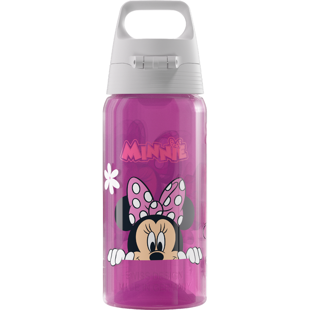 Lila Trinkflasche mit Minnie Maus Aufdruck und weißem Deckel.