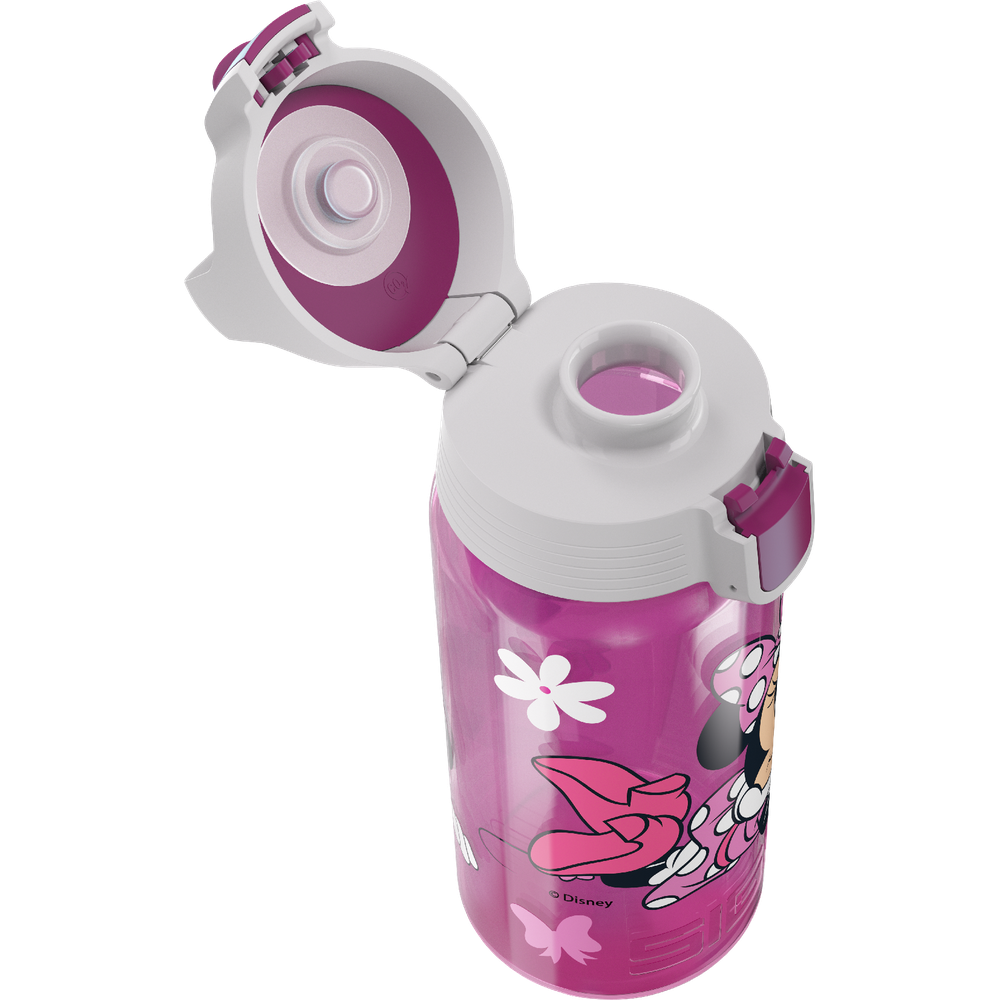 Lila Wasserflasche mit Minnie Maus-Motiv, offen.