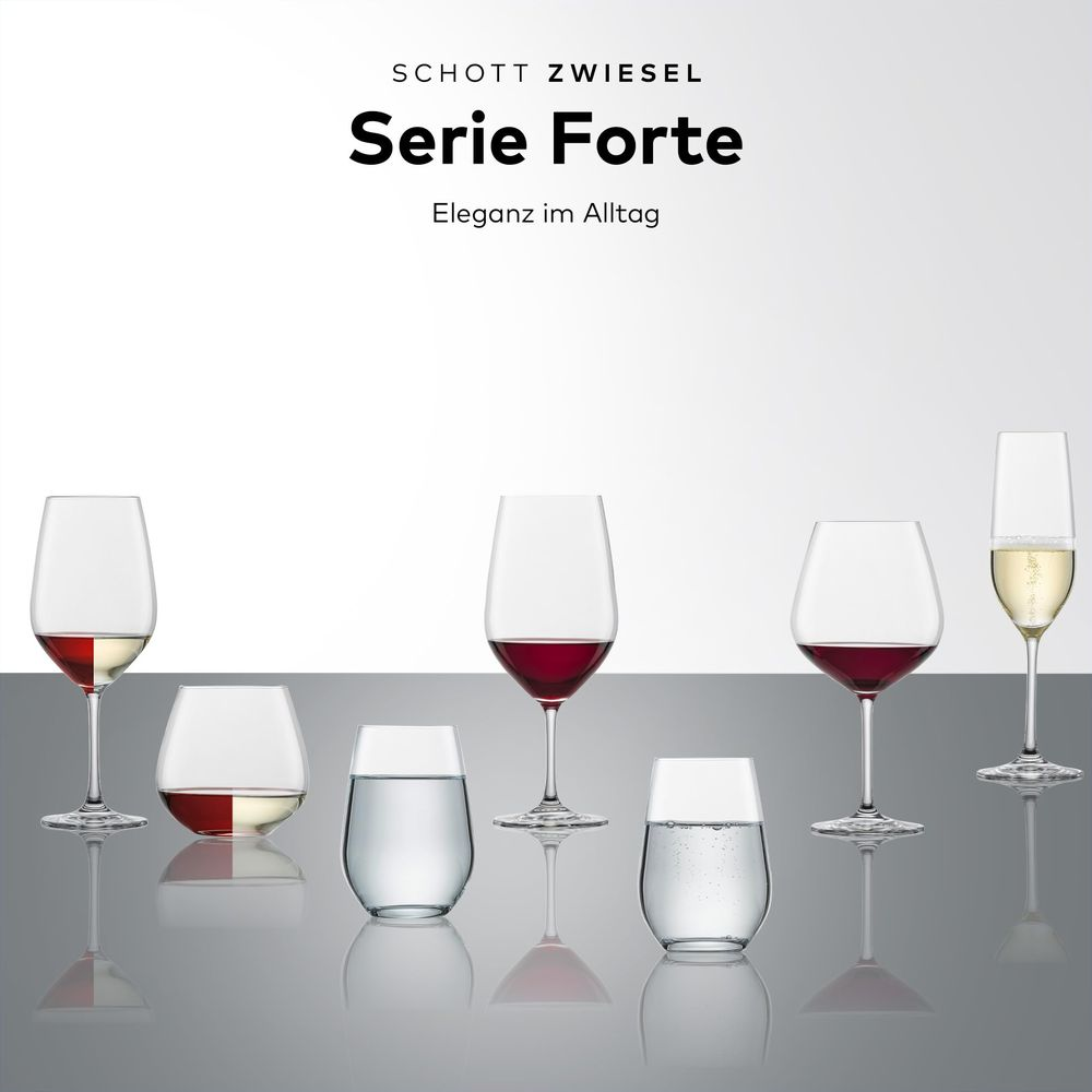 Sechs Gläser mit Wein und Wasser, einige mit Sprudel, auf poliertem Untergrund.