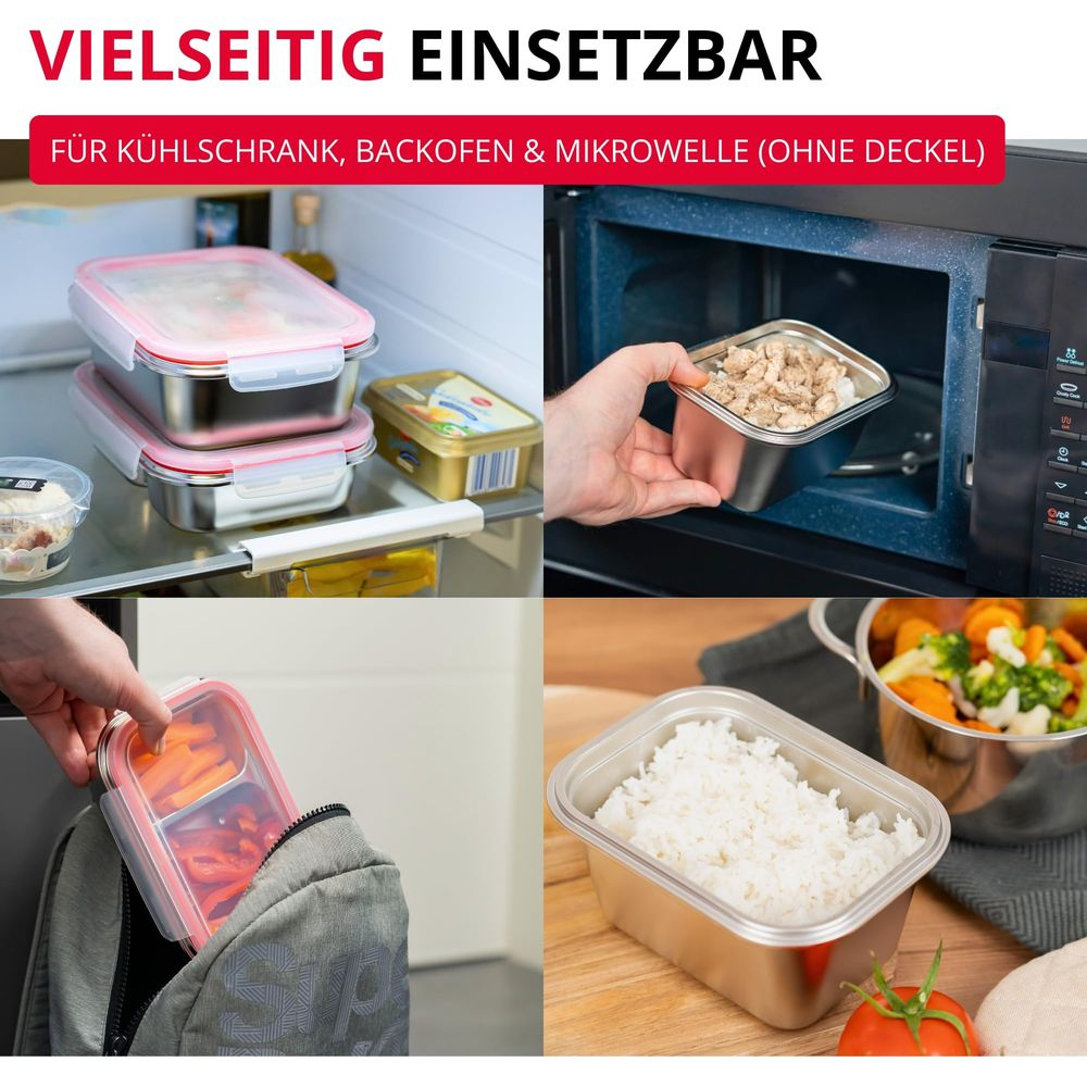 Vier Szenen zeigen Edelstahlbehälter für Lebensmittel: im Kühlschrank, in der Mikrowelle, in einer Tasche und mit Reis.
