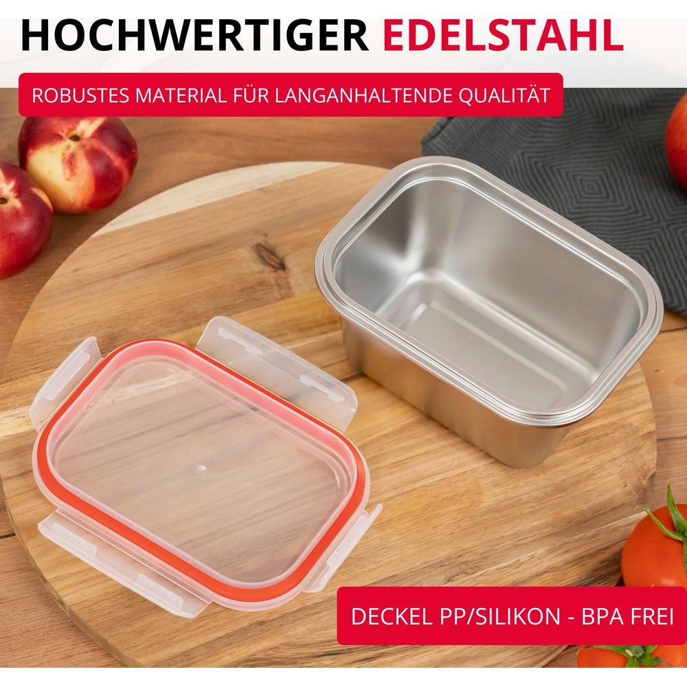 Edelstahlbehälter mit orange abgedichtetem Deckel auf Holzbrett, mit Nektarinen.