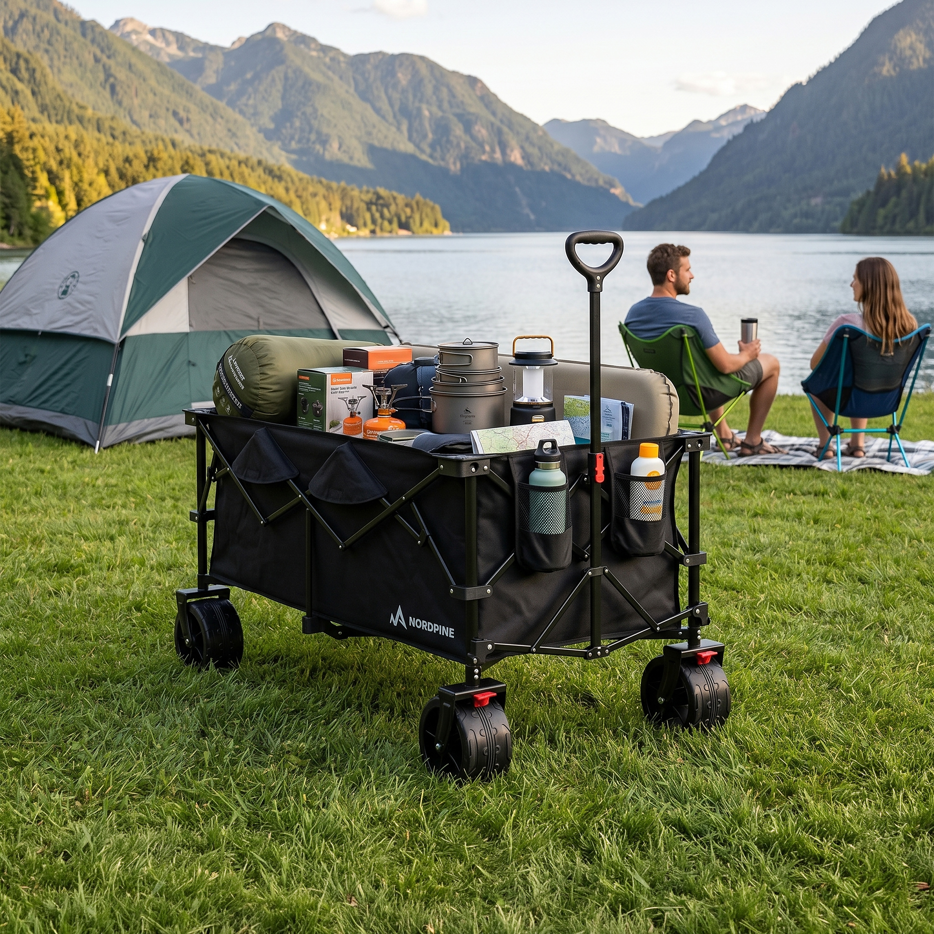 Ein Campingwagen mit Ausrüstung steht am See. Ein Zelt und Berge im Hintergrund.
