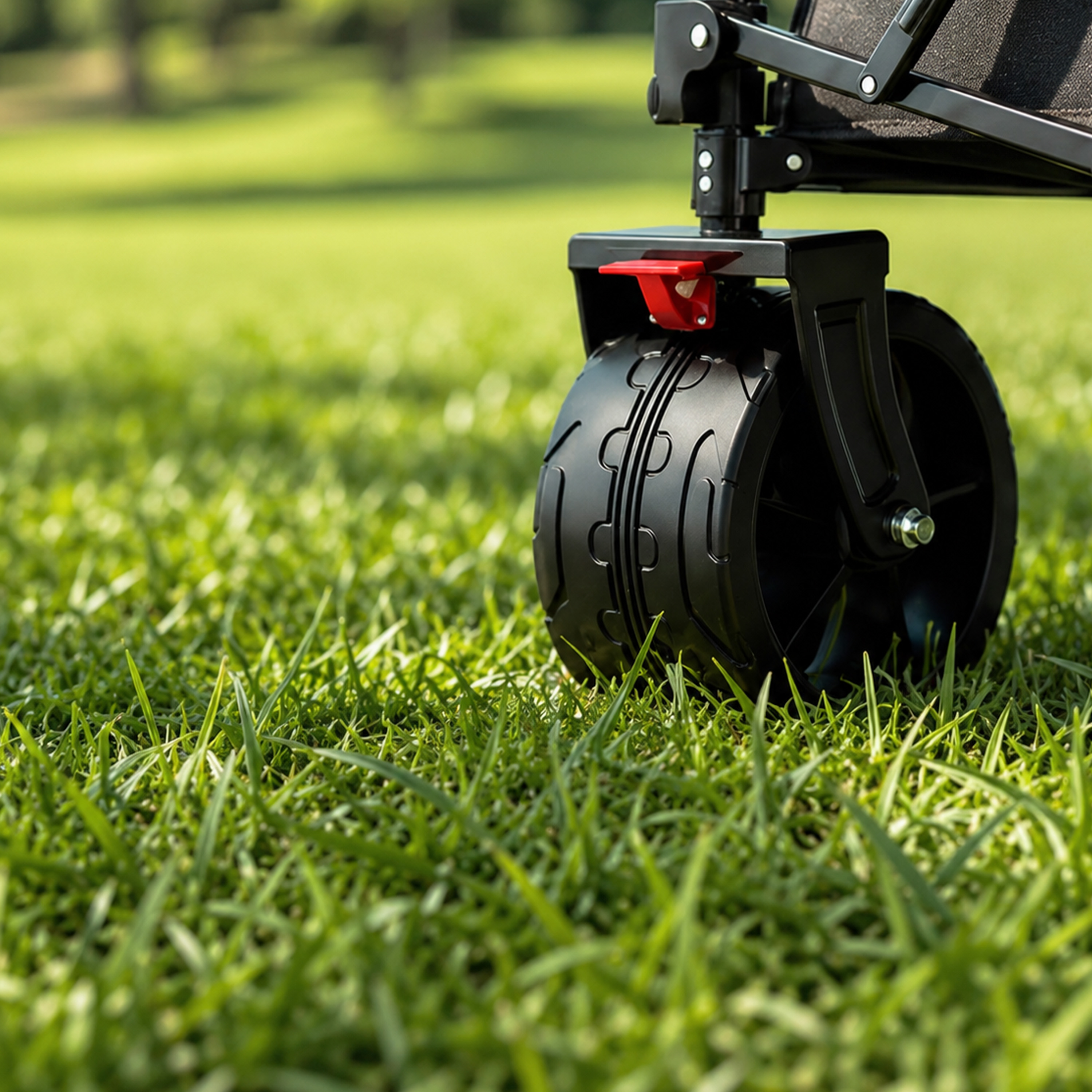 Nahaufnahme eines schwarzen Wagenrads auf grünem Gras.