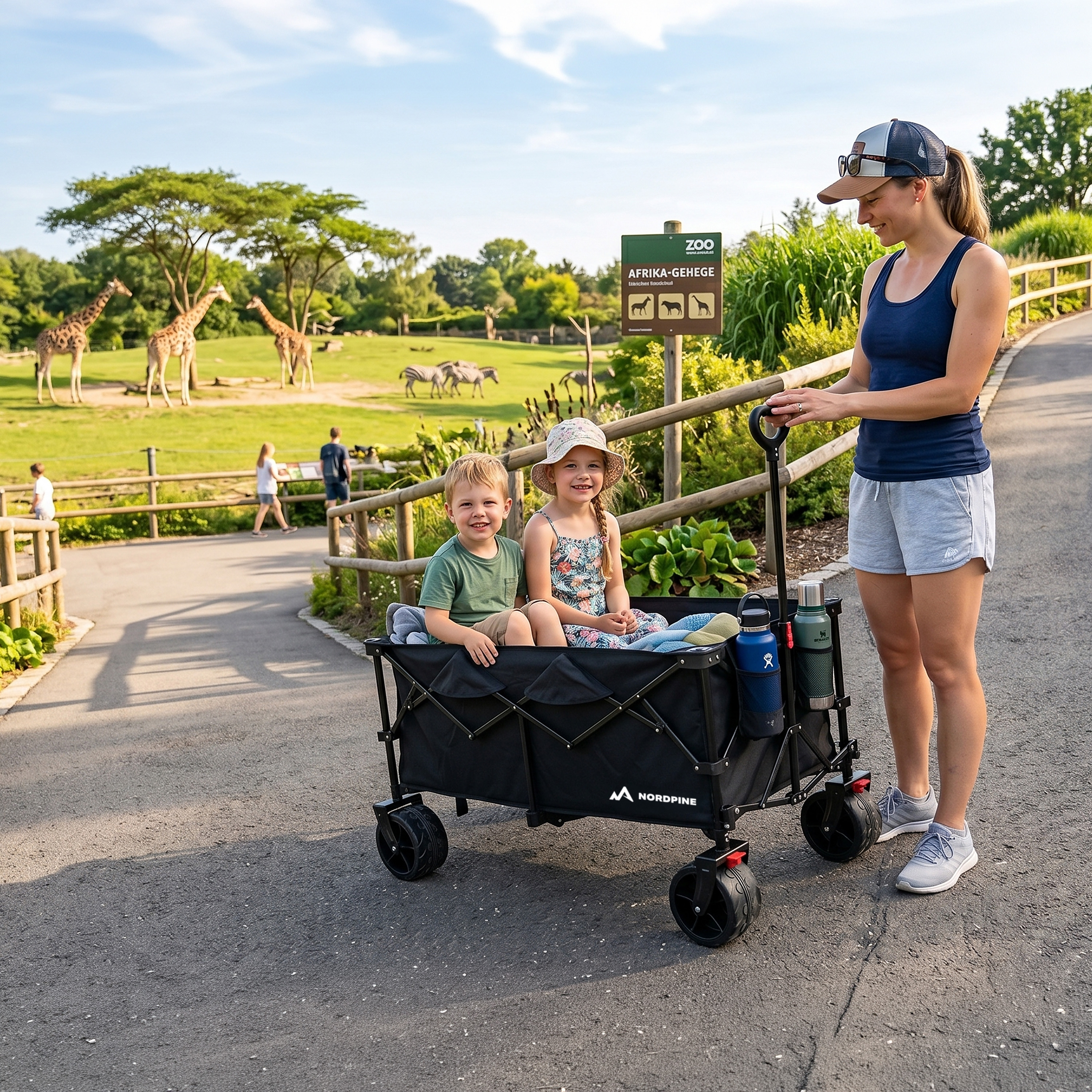 Eine Frau schiebt einen Wagen mit zwei Kindern im Zoo, Giraffen und Zebras im Hintergrund.
