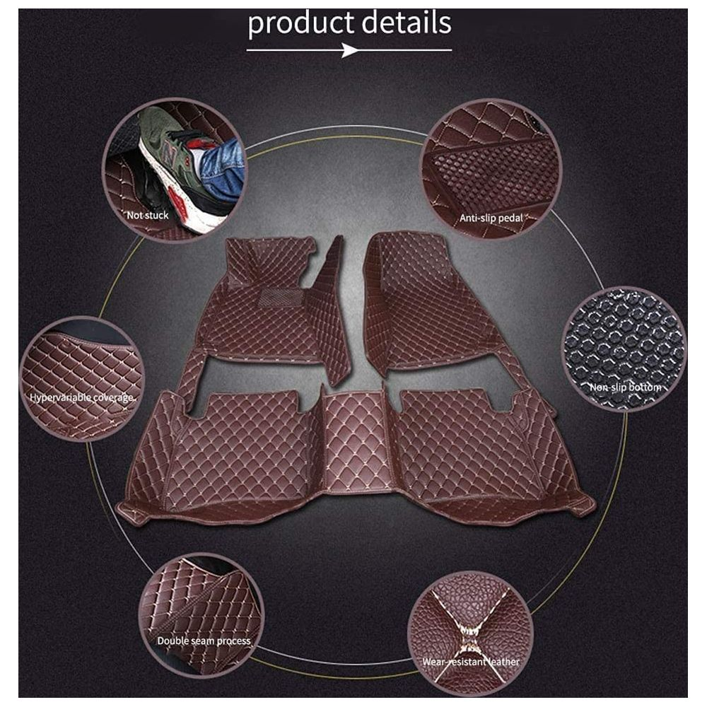 Braune Auto-Fußmatten mit Details zu Anti-Rutsch-Pedal und Nähten.