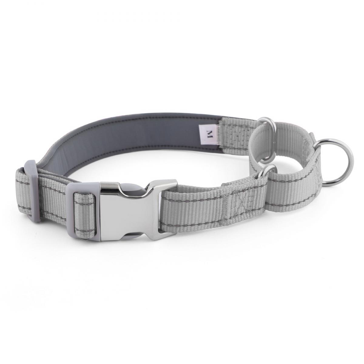 Grauer Hundehalsband mit silberner Schnalle und Ring, Größe M.