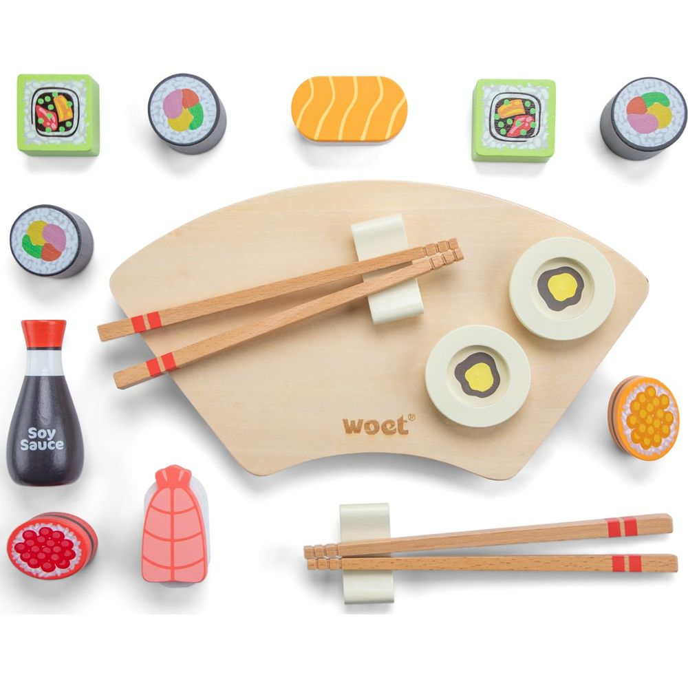 Holz-Sushi-Spielzeug: Sojasauce, Lachs, Nigiri, Maki-Rollen und Stäbchen.