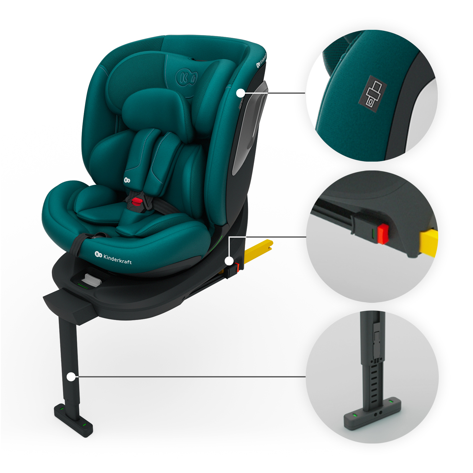 Asiento infantil de coche turquesa con primeros planos de hebillas y pata de apoyo.