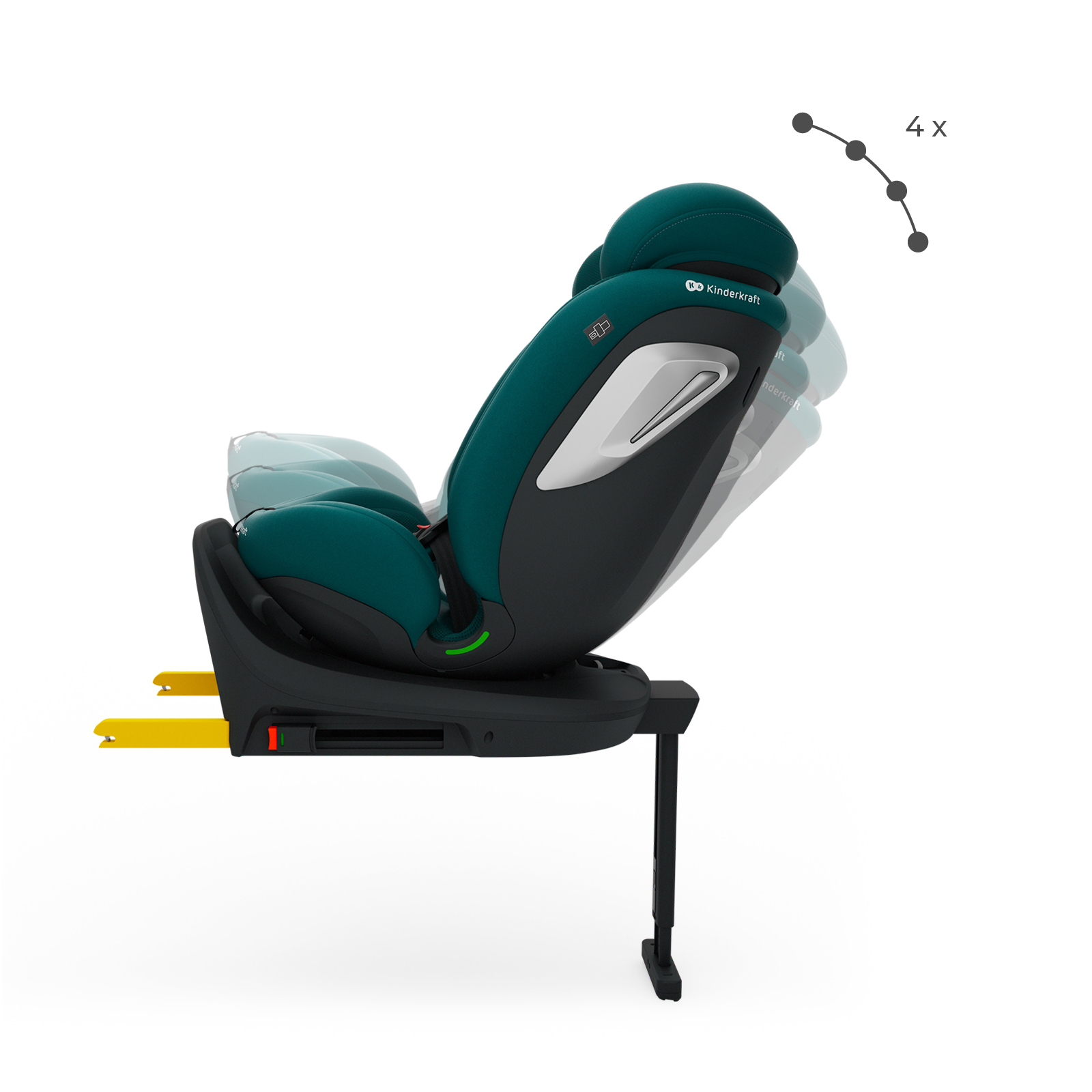 Un asiento de coche infantil verde azulado con reposacabezas ajustable y brazos ISOFIX.