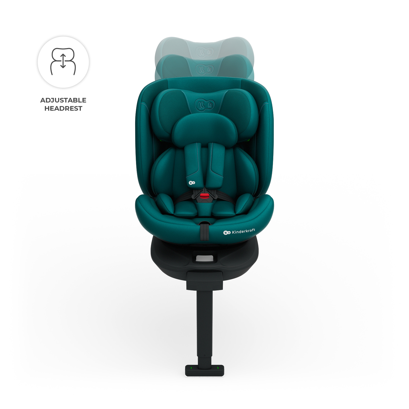 Asiento de coche verde azulado con reposacabezas ajustable y arnés de 5 puntos.