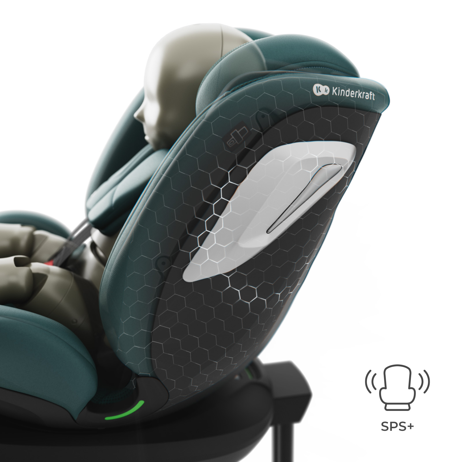 Asiento de coche para niños con un maniquí asegurado por un arnés. Verde oscuro con patrón de panal.