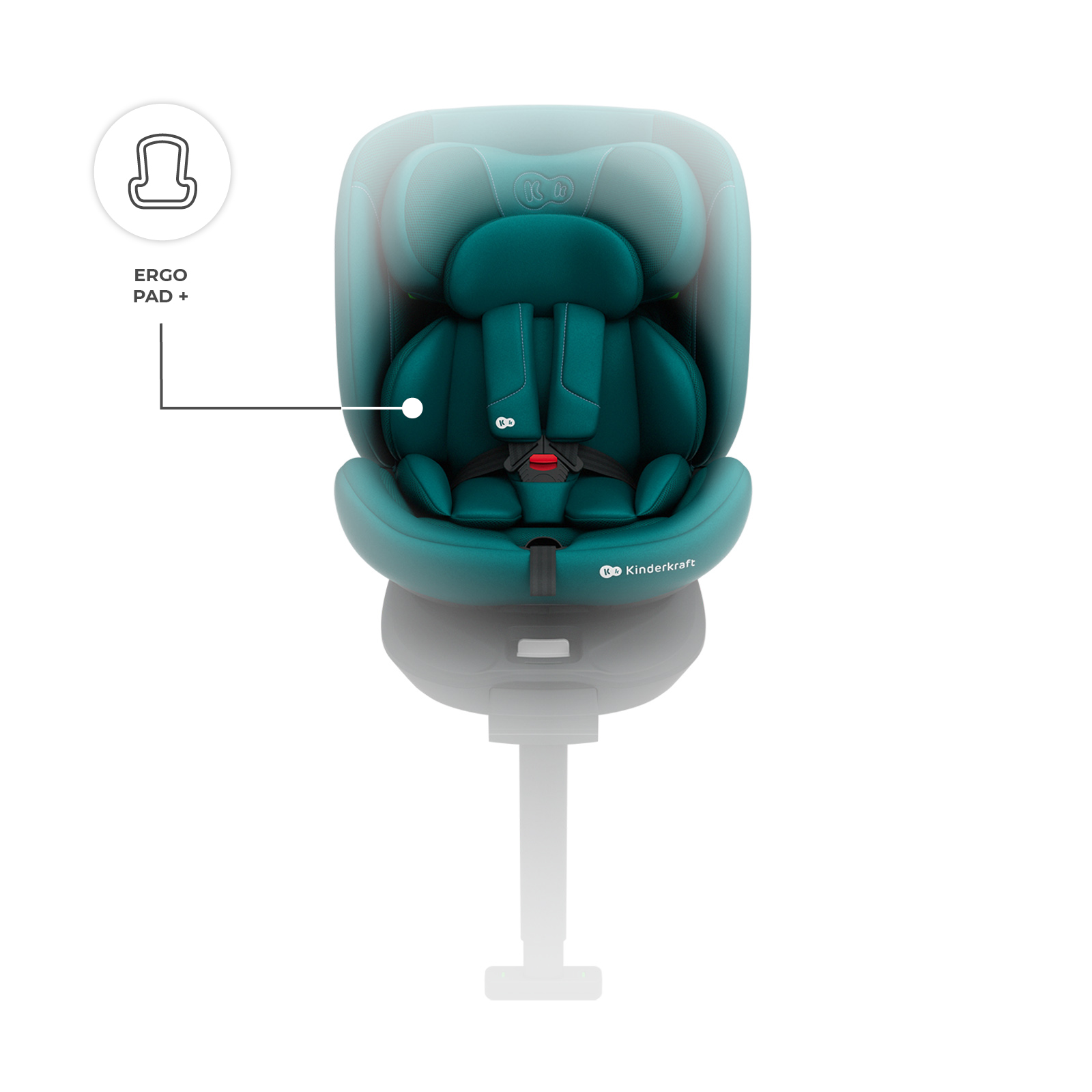 Asiento de coche infantil de color verde azulado con arnés de 5 puntos.
