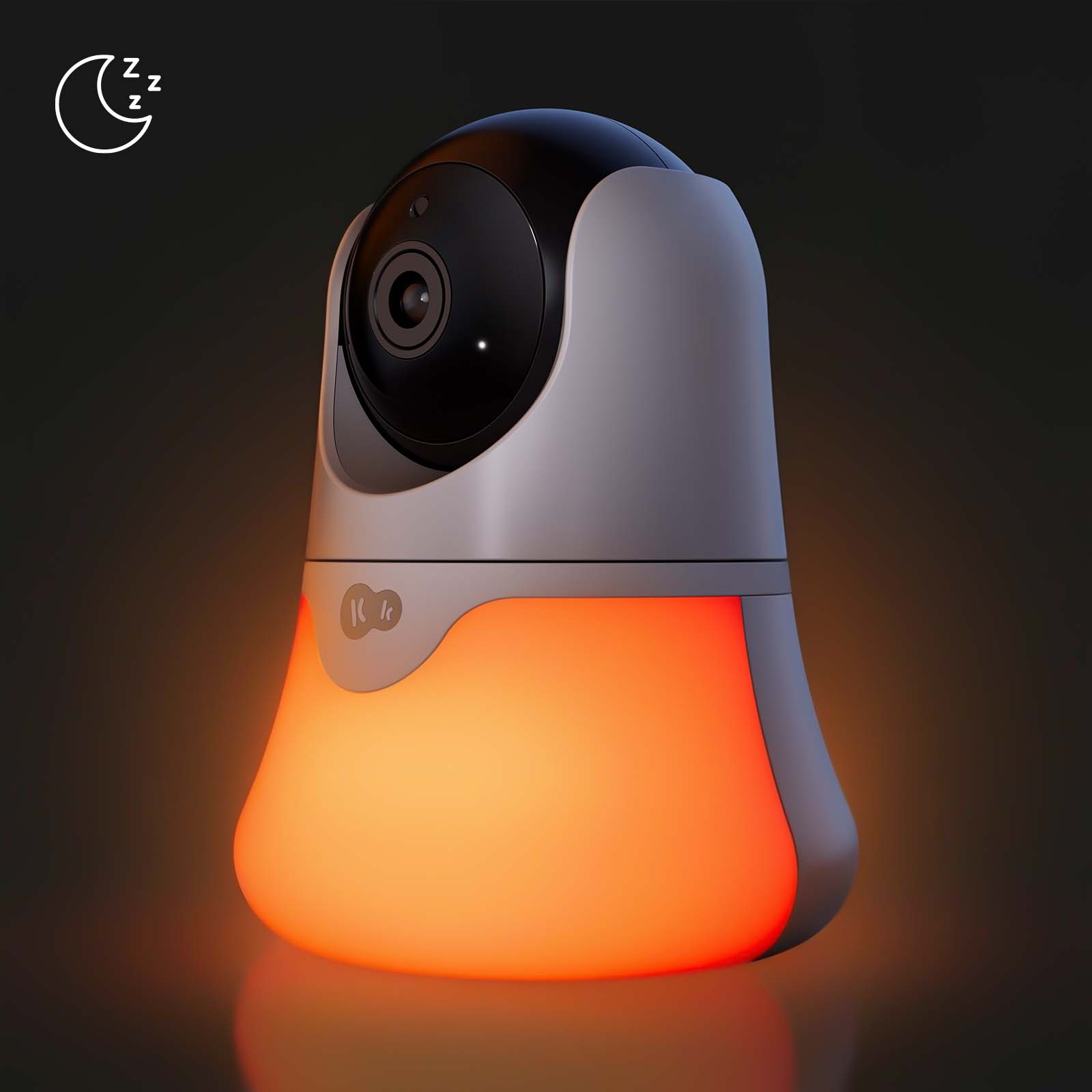 Ein Babyfon mit Nachtlicht, das orange leuchtet. Ein Mondsymbol ist links oben.