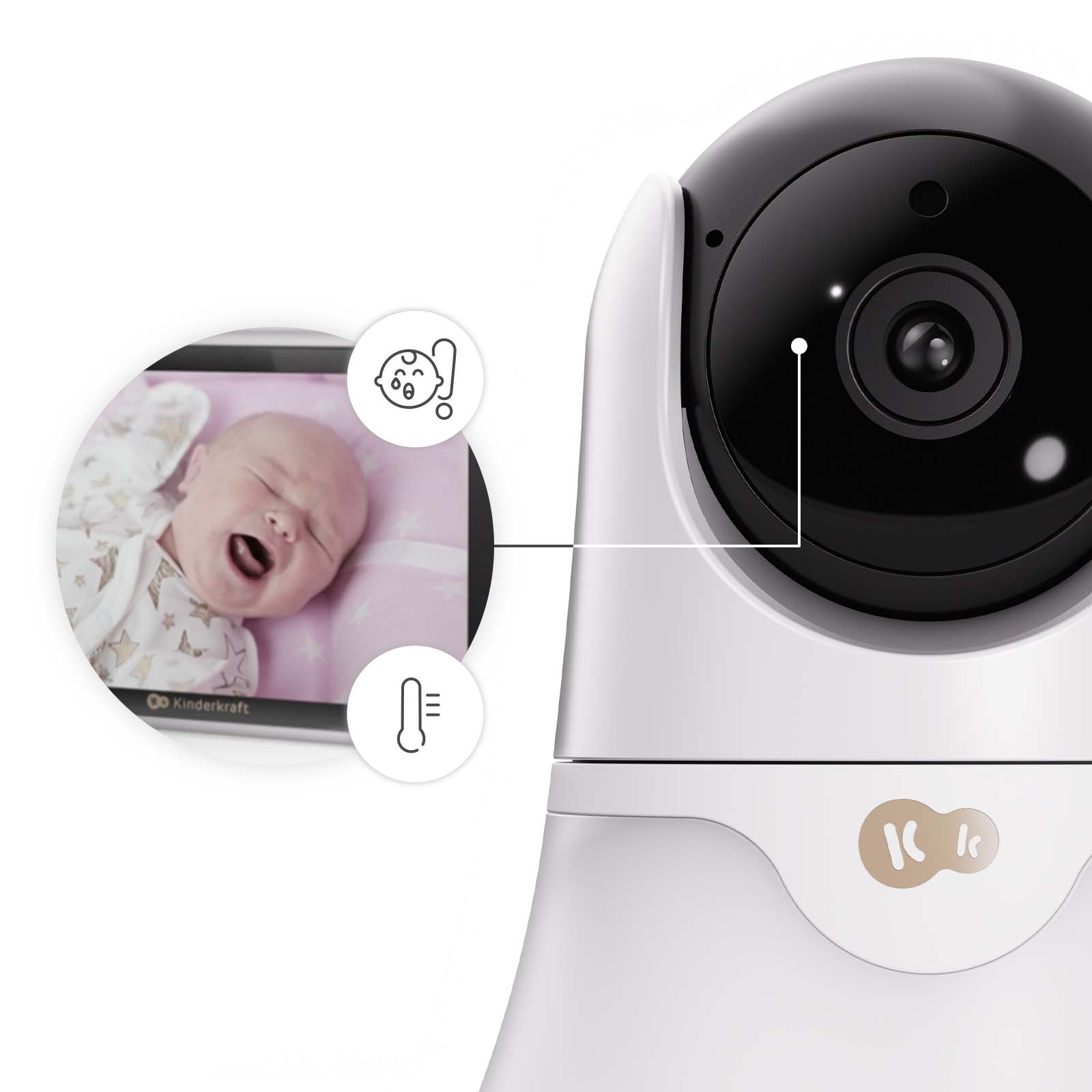 Babykamera mit Bildschirm, das ein schreiendes Baby und ein Thermometer anzeigt.