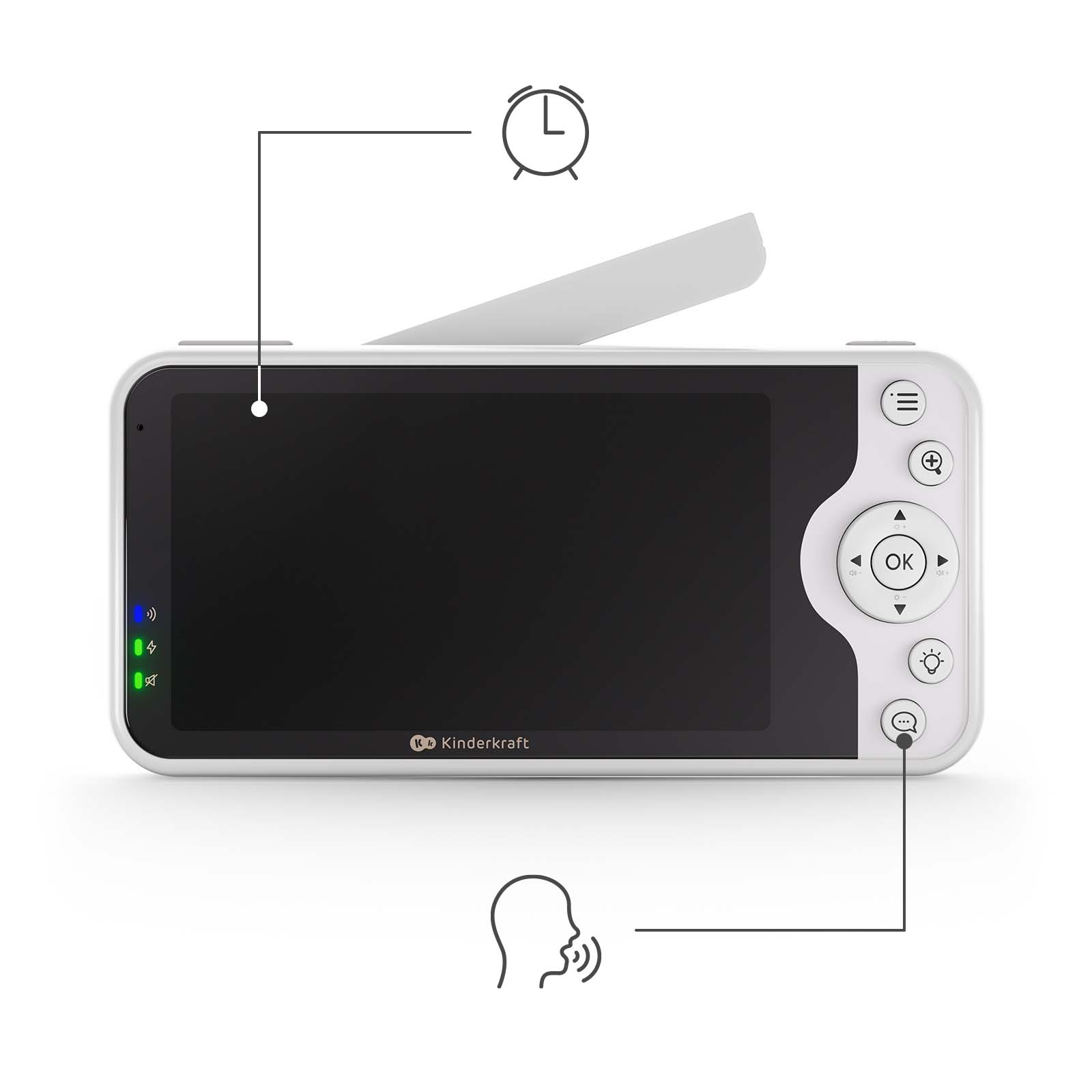 Ein weißer Babyfon-Monitor mit schwarzem Bildschirm und Bedienelementen.