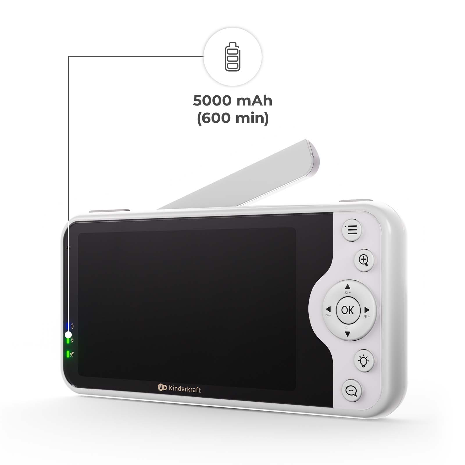 Ein weißes Babyfon mit einem Bildschirm und Bedienelementen. Batterieanzeige.