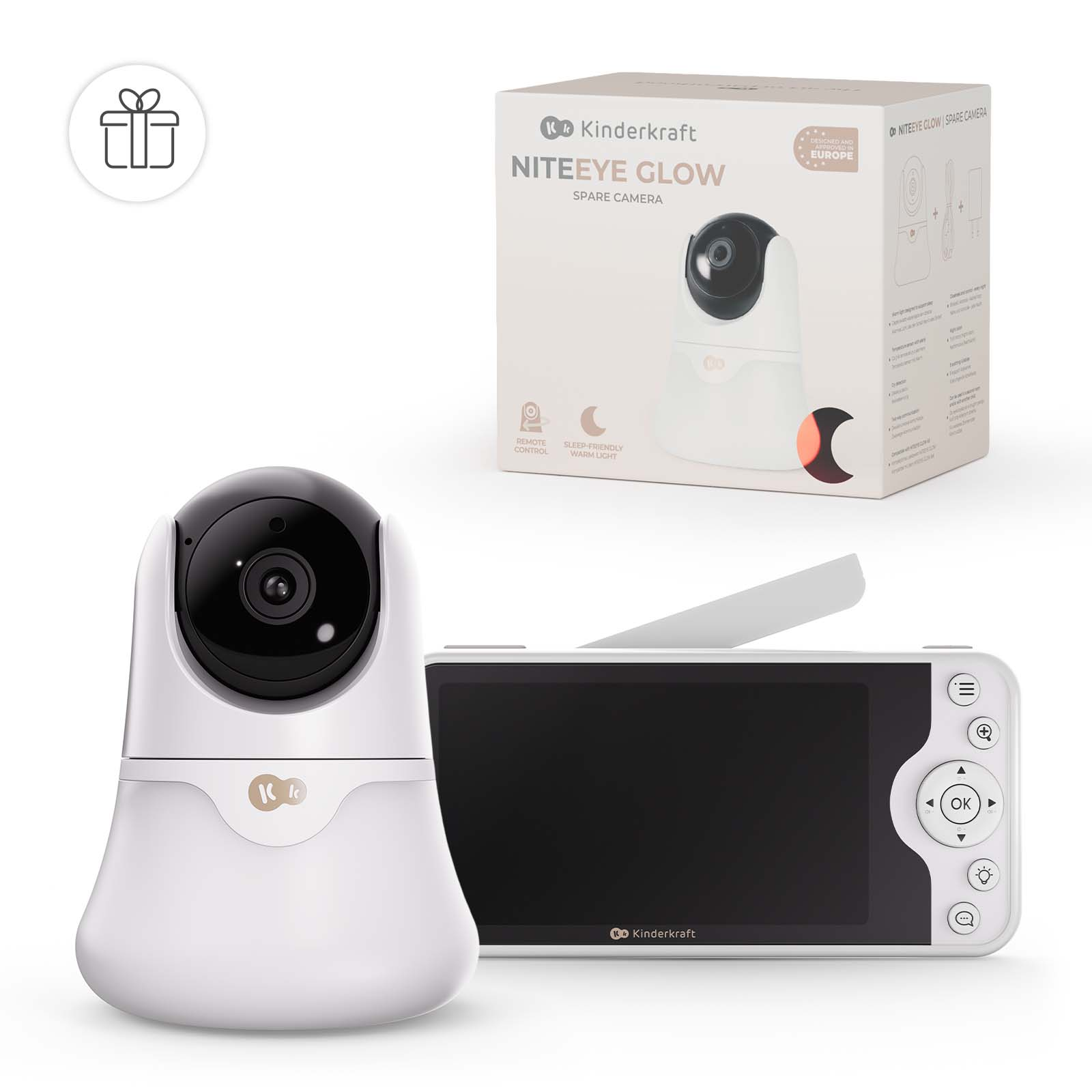 Ein weißer Baby Monitor mit Kamera und Empfänger, mit Box.