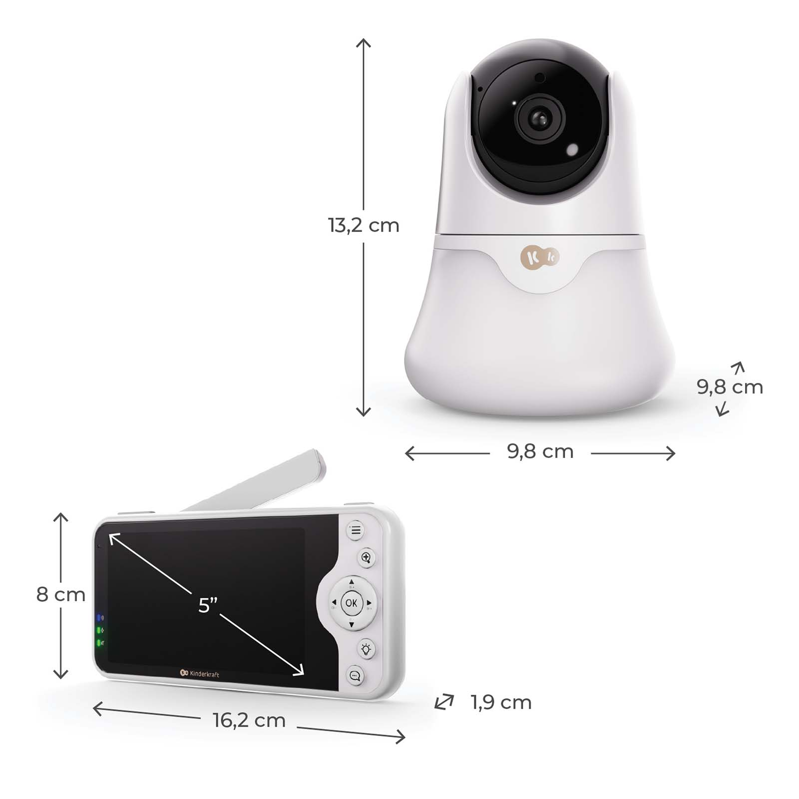 Ein weißer Baby Monitor mit Kamera und Bildschirm. Maße sind angegeben.