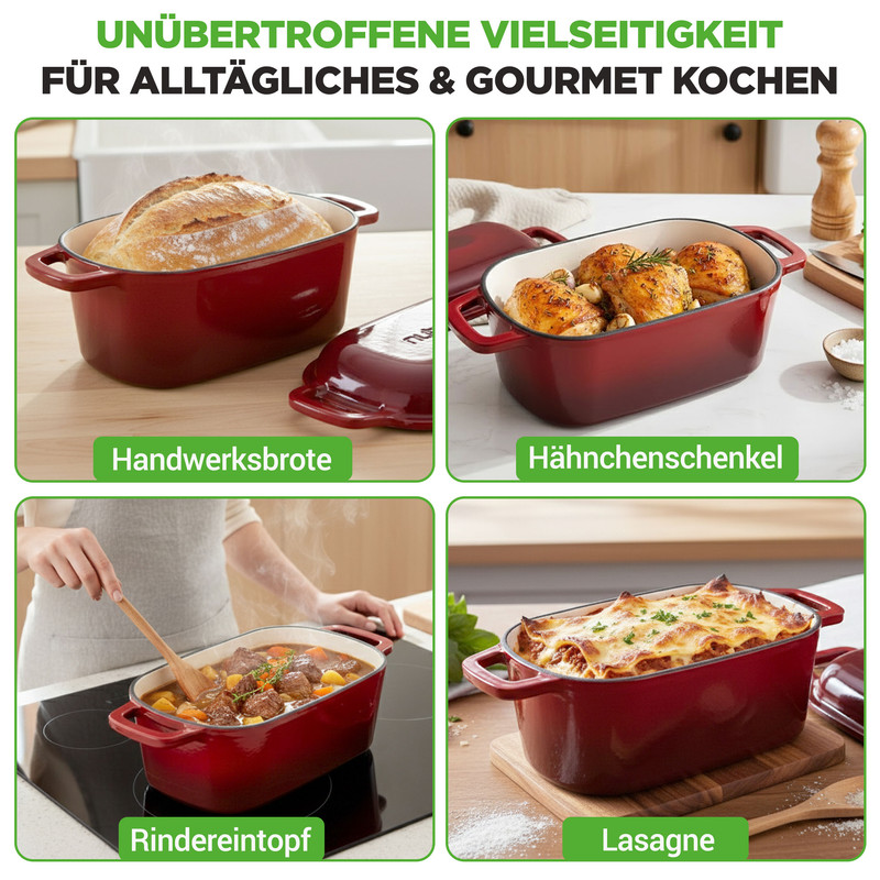 Vier Bilder zeigen Gerichte in roter Schmorpfanne: Brot, Hähnchen, Rindfleischeintopf, Lasagne.