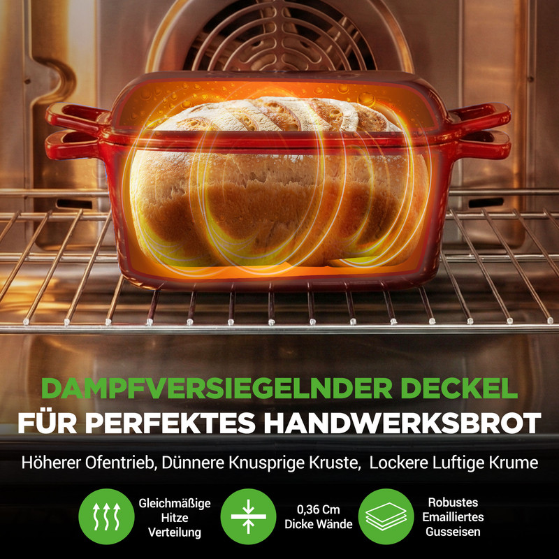 Brot in einer roten Auflaufform mit Deckel im Ofen, Dampf wird erzeugt.