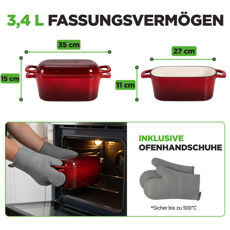 Zwei rote Gusseisen-Kochgeschirre und Ofenhandschuhe, Maße angegeben.