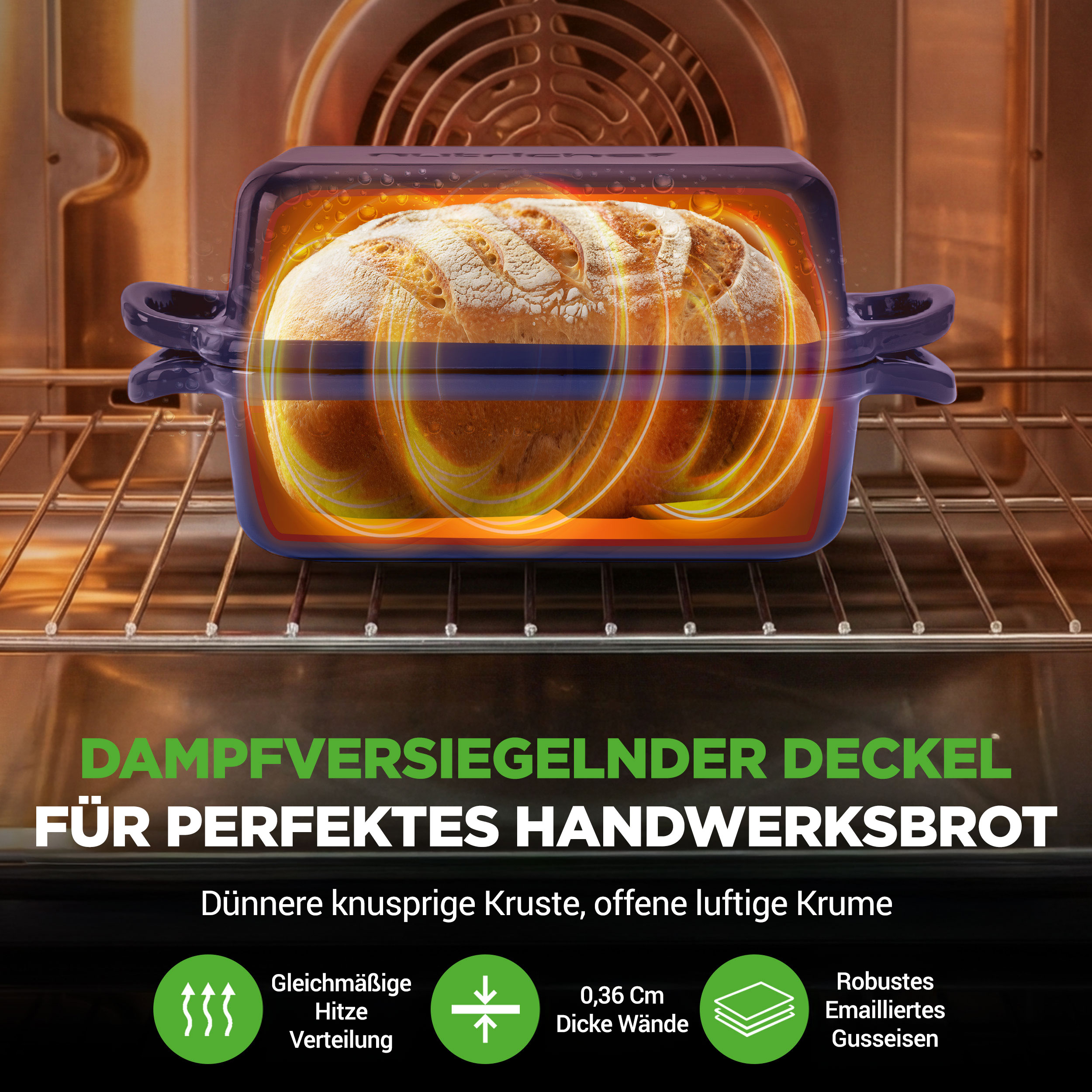 Ein Brot wird in einem dunklen Bräter mit dampfendem Deckel im Ofen gebacken.