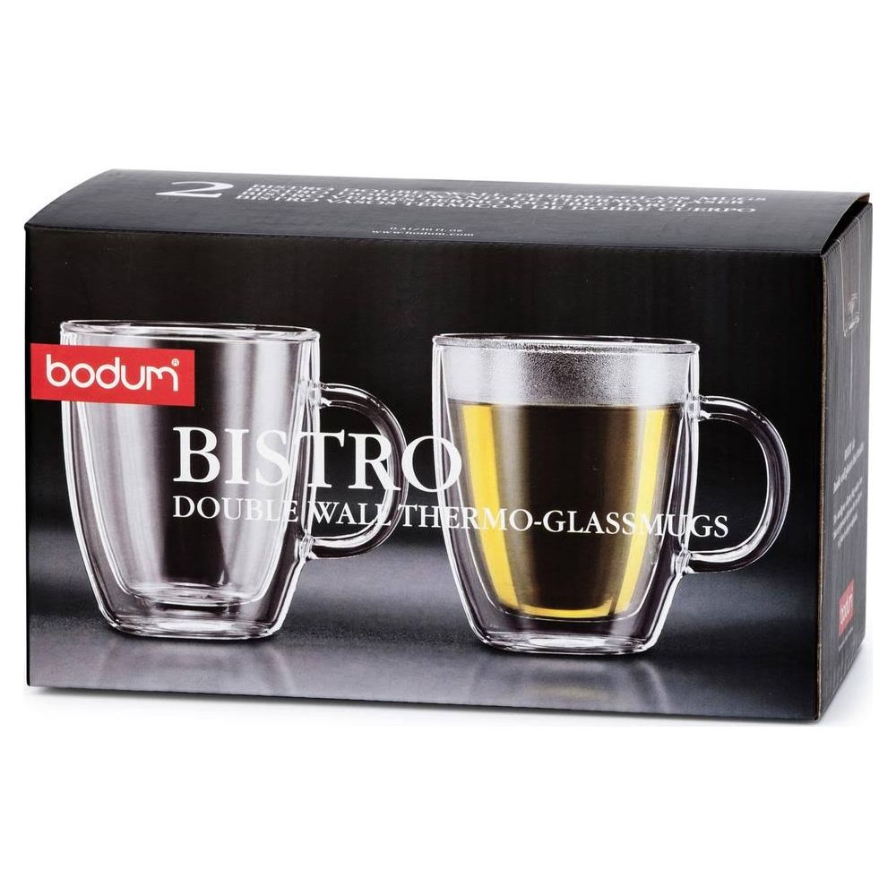 Bodum Bistro: Zwei doppelwandige Thermogläser, eines leer, eines mit Getränk.