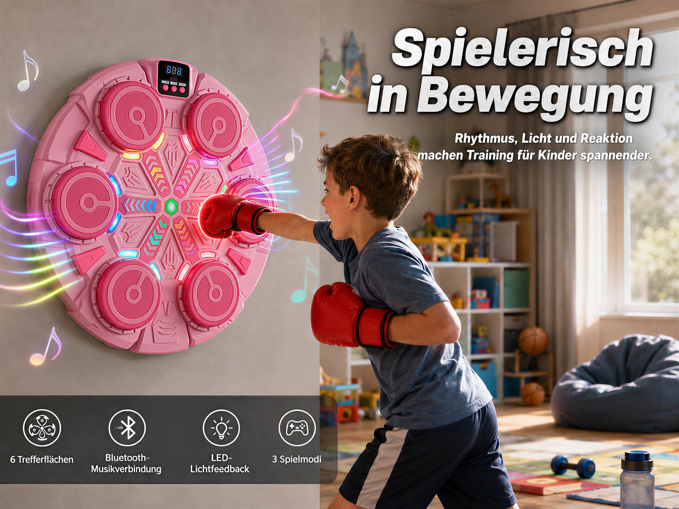 Ein Junge mit Boxhandschuhen boxt auf ein rosa Schlagpolster mit Lichtern.