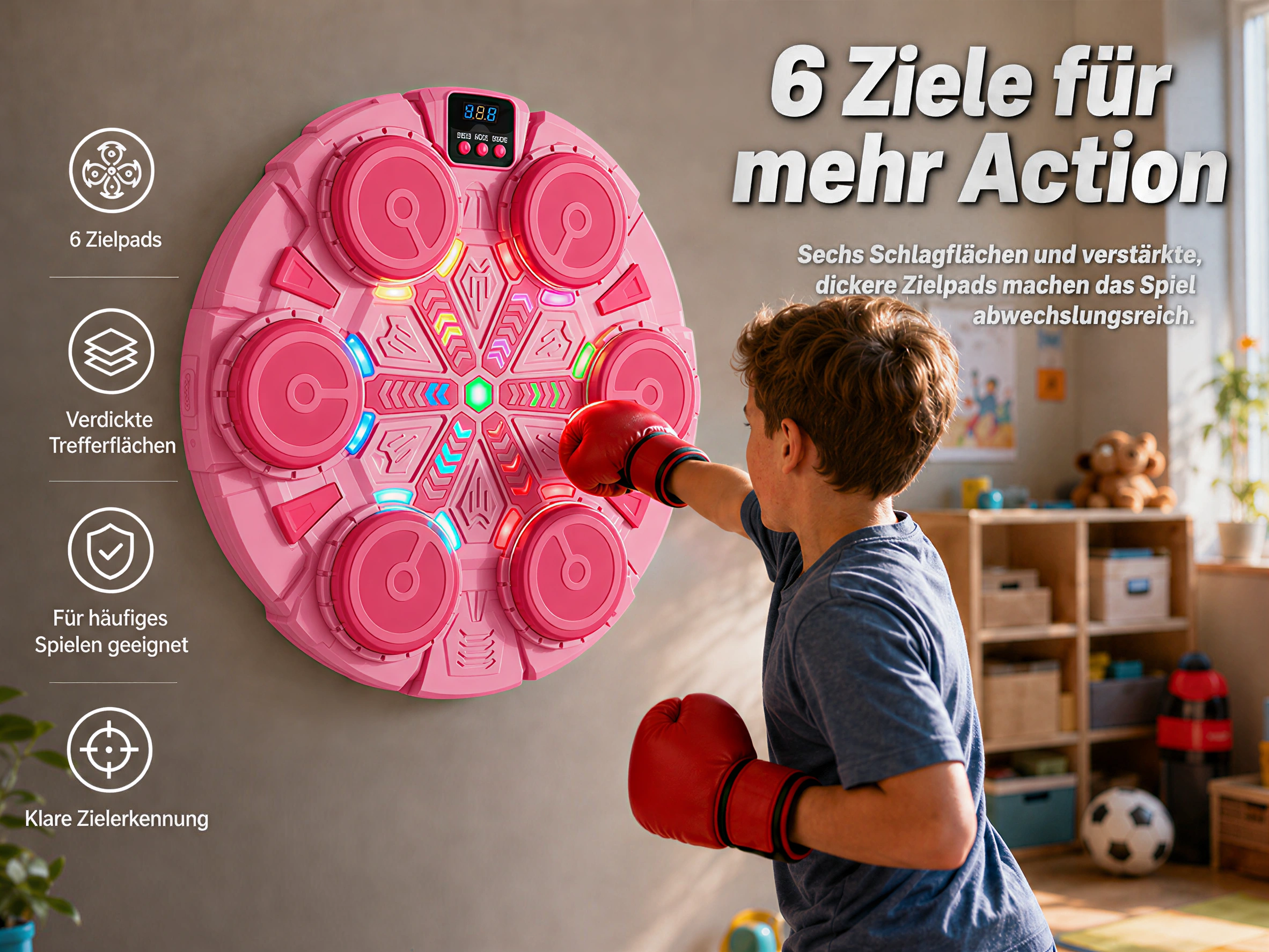 Ein Junge mit Boxhandschuhen schl ägt auf ein rosa Schlagpolster mit Lichtern.