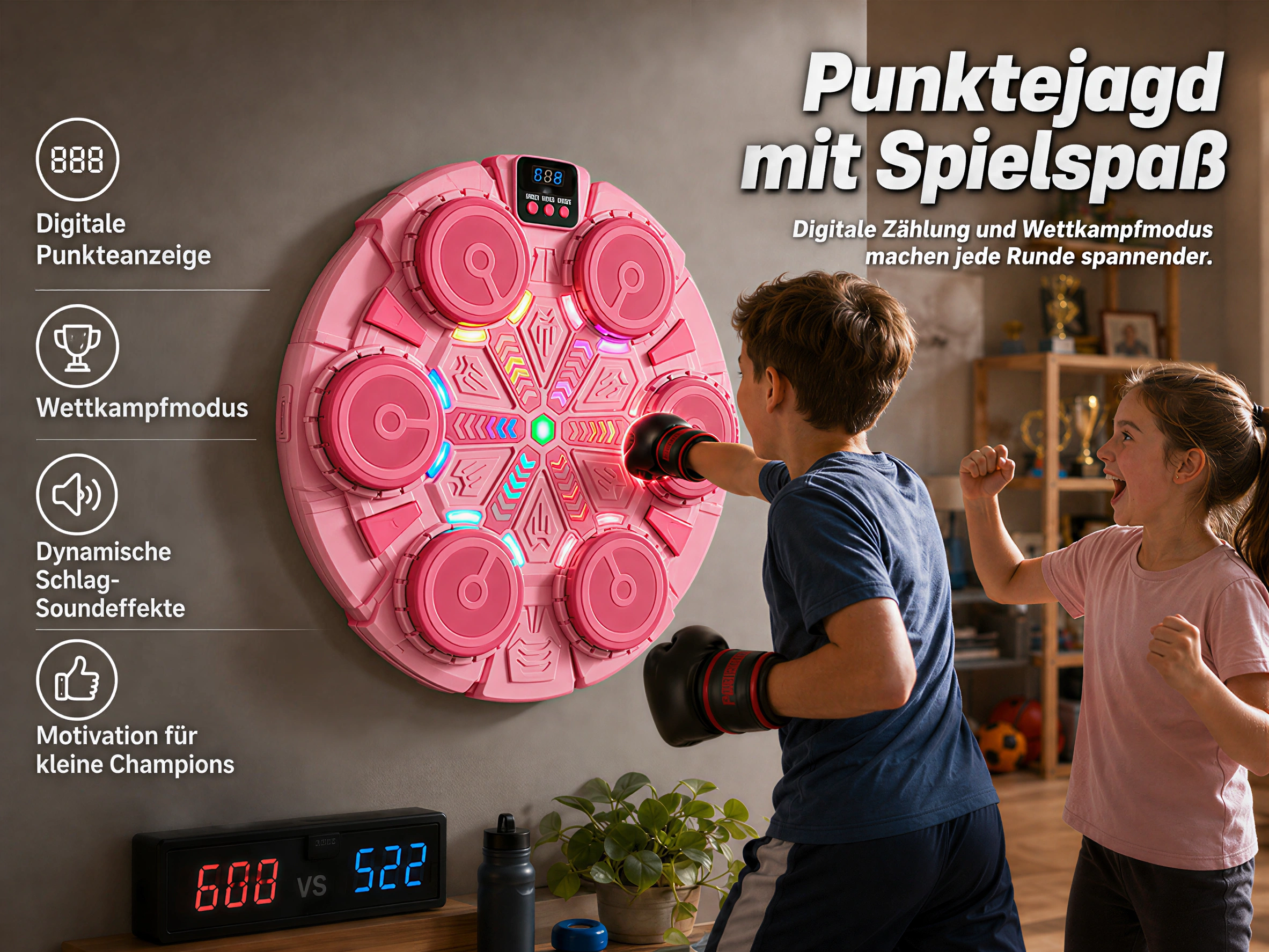 Zwei Kinder boxen gegen ein rosafarbenes Schlagpolster mit Lichtern und digitaler Anzeige.