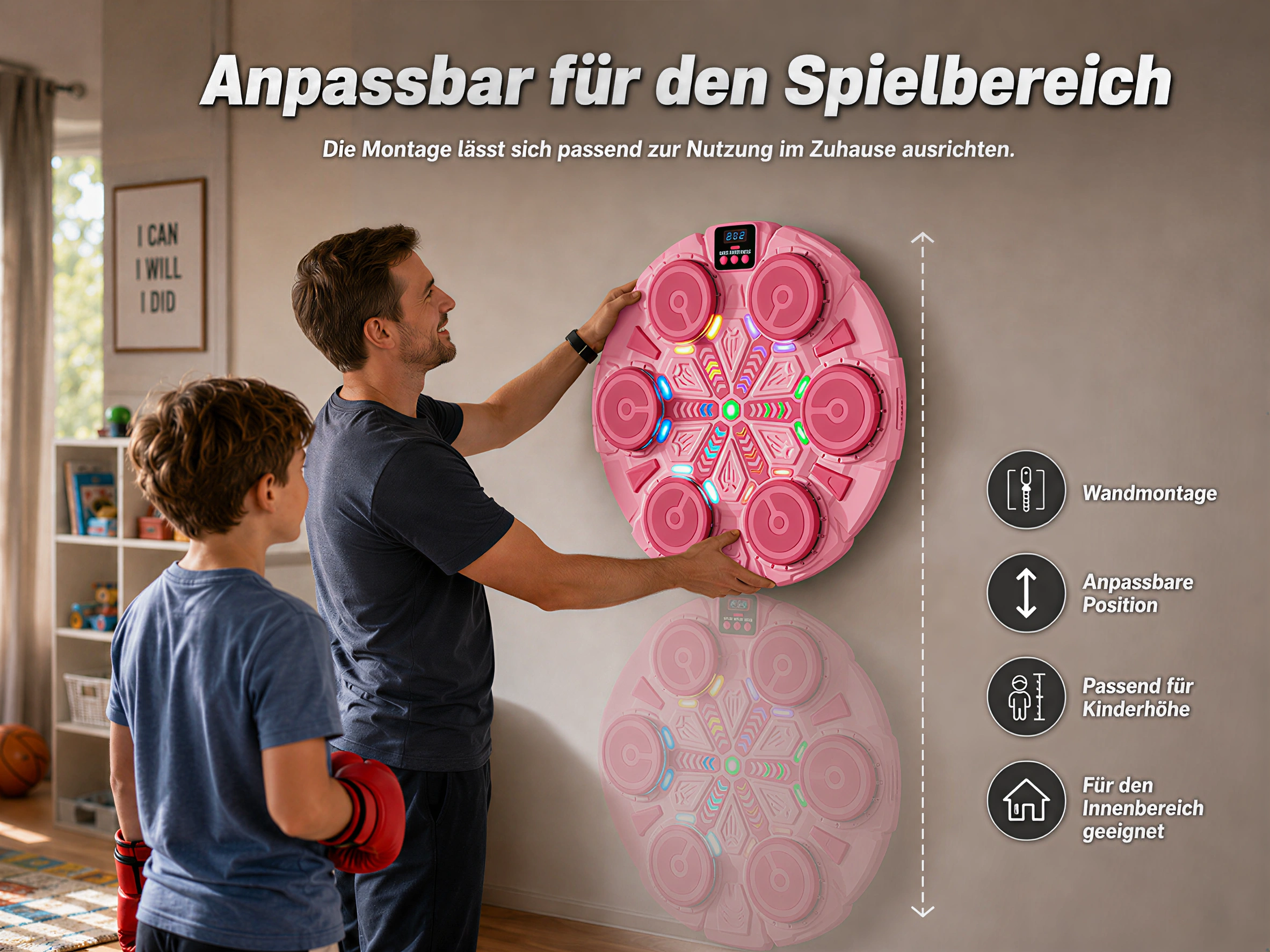 Ein Mann und ein Junge montieren ein rosa Dartspiel mit Lichtern.