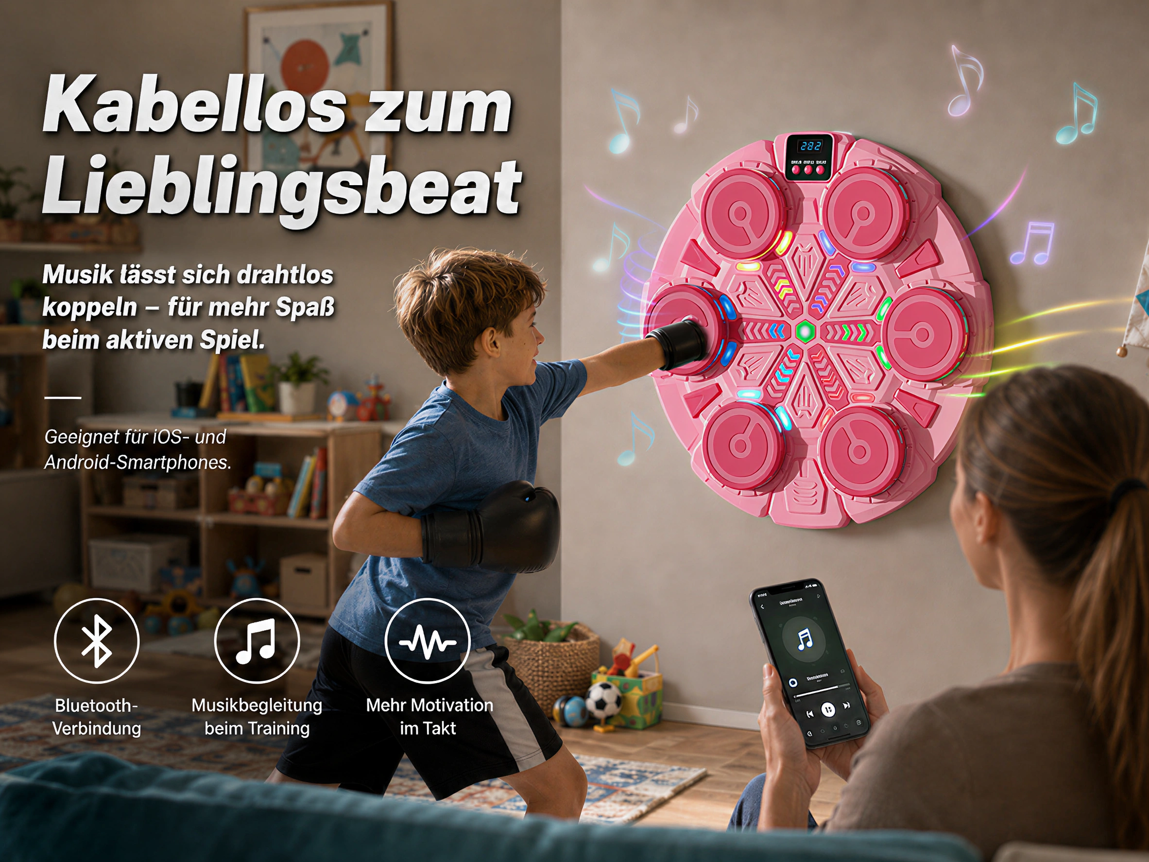 Ein Junge boxt gegen ein rosa Musik-Trainingsgerät an der Wand.