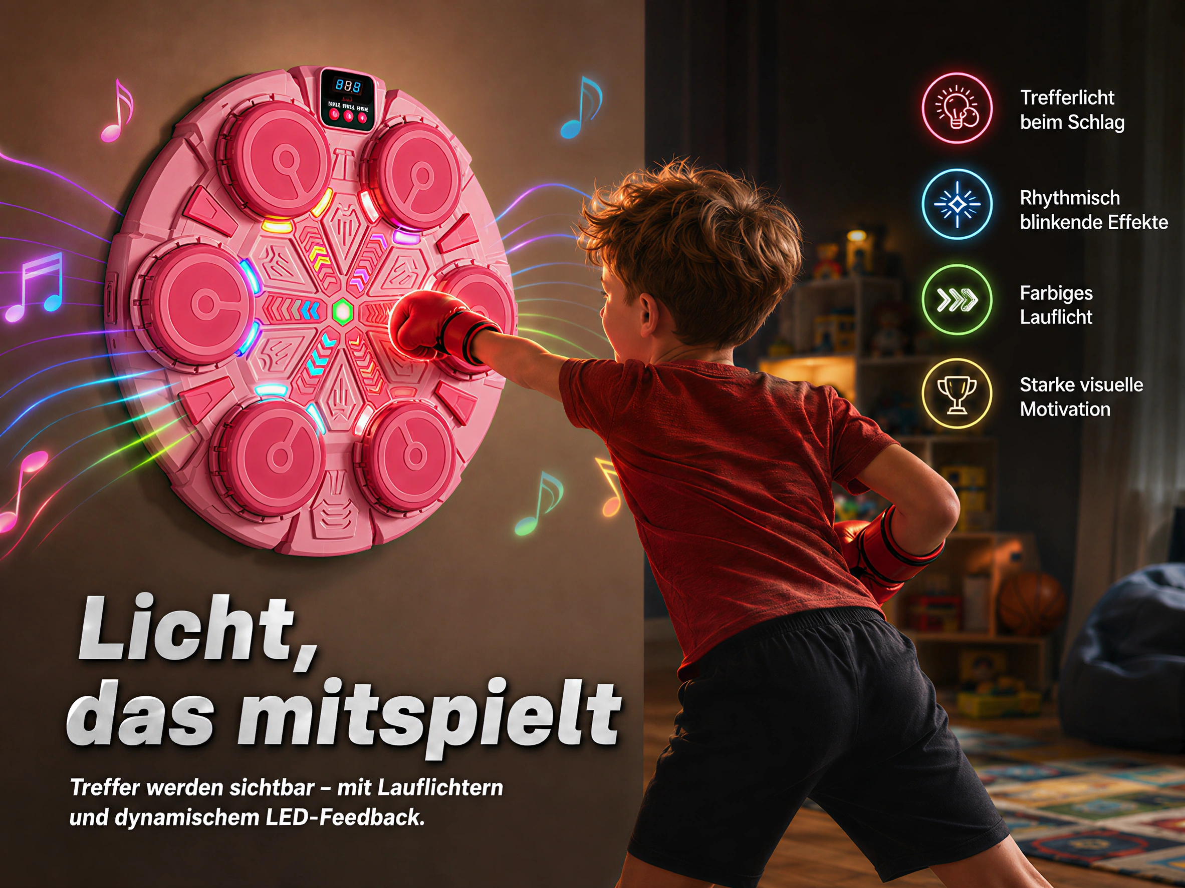 Ein Junge boxt gegen ein pinkes, leuchtendes Zielspiel an der Wand, das Musik und Lichter abgibt.