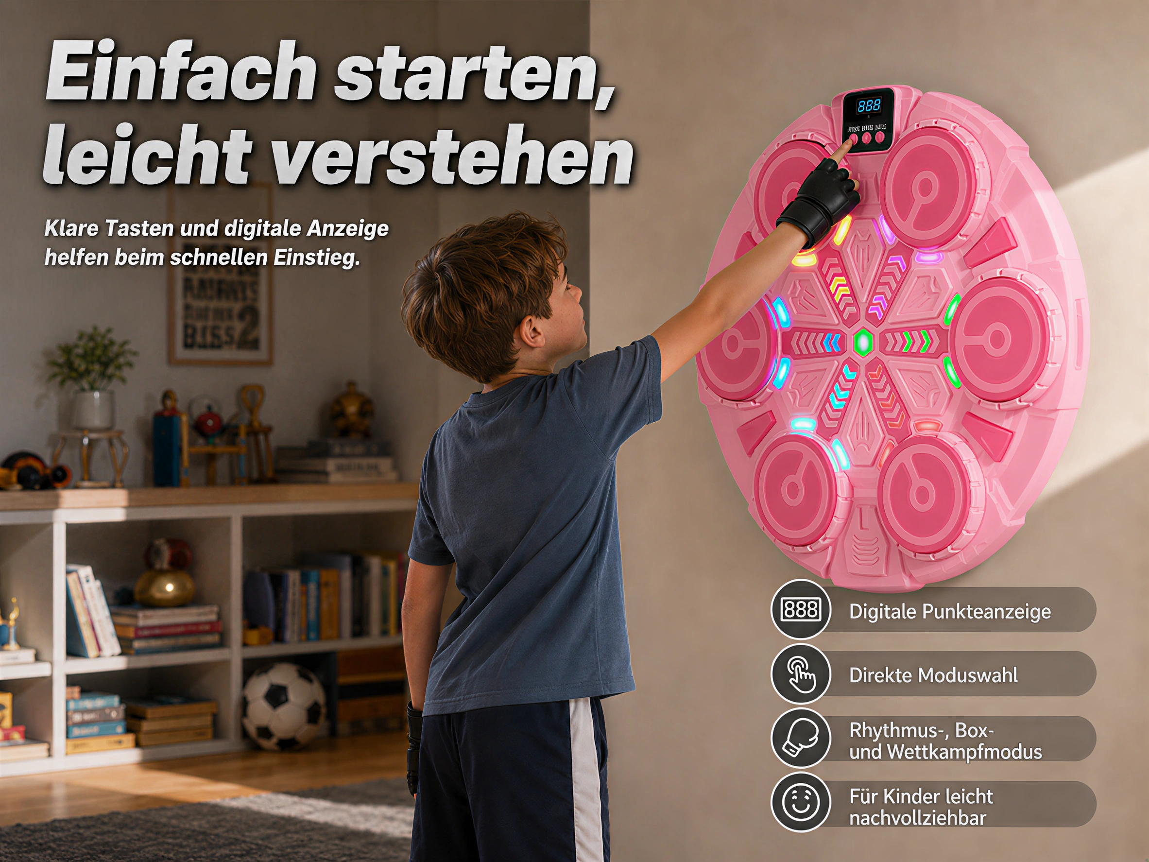 Junge spielt ein rosa Schlagspiel mit Lichtern und digitaler Anzeige an der Wand.