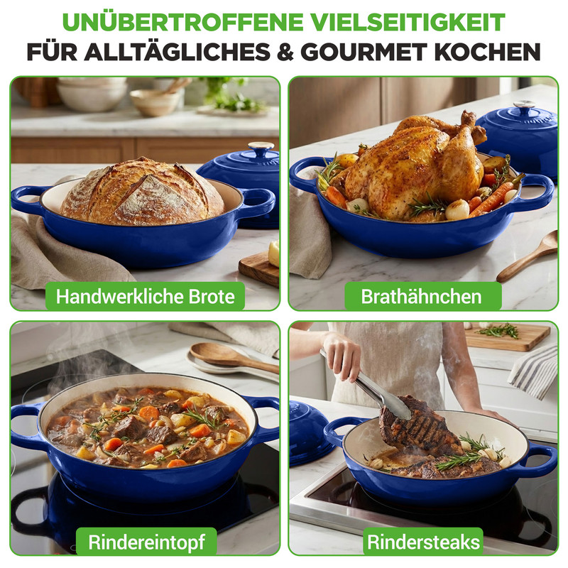 Vier blaue Gusseisen-Kochgeschirre mit verschiedenen Speisen: Brot, Brathähnchen, Eintopf, Steak.