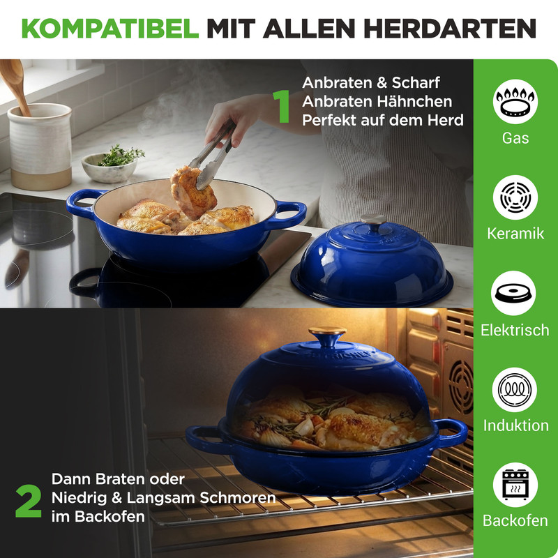 Blaue Kochgeschirre auf Herd und im Ofen. Kompatibel mit allen Herdarten.