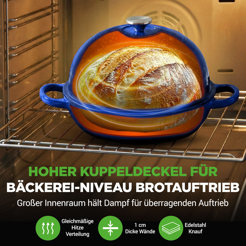 Ein Brot wird in einem blauen Topf mit Deckel im Ofen gebacken. Text über Brotbacken.