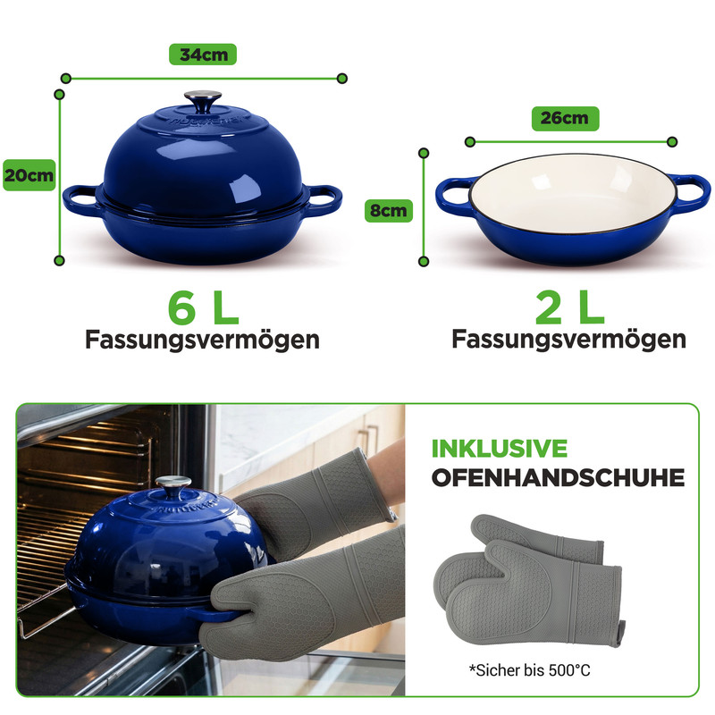 Blaue Kochgeschirre: 6L und 2L Fassungsvermögen, Ofenhandschuhe.