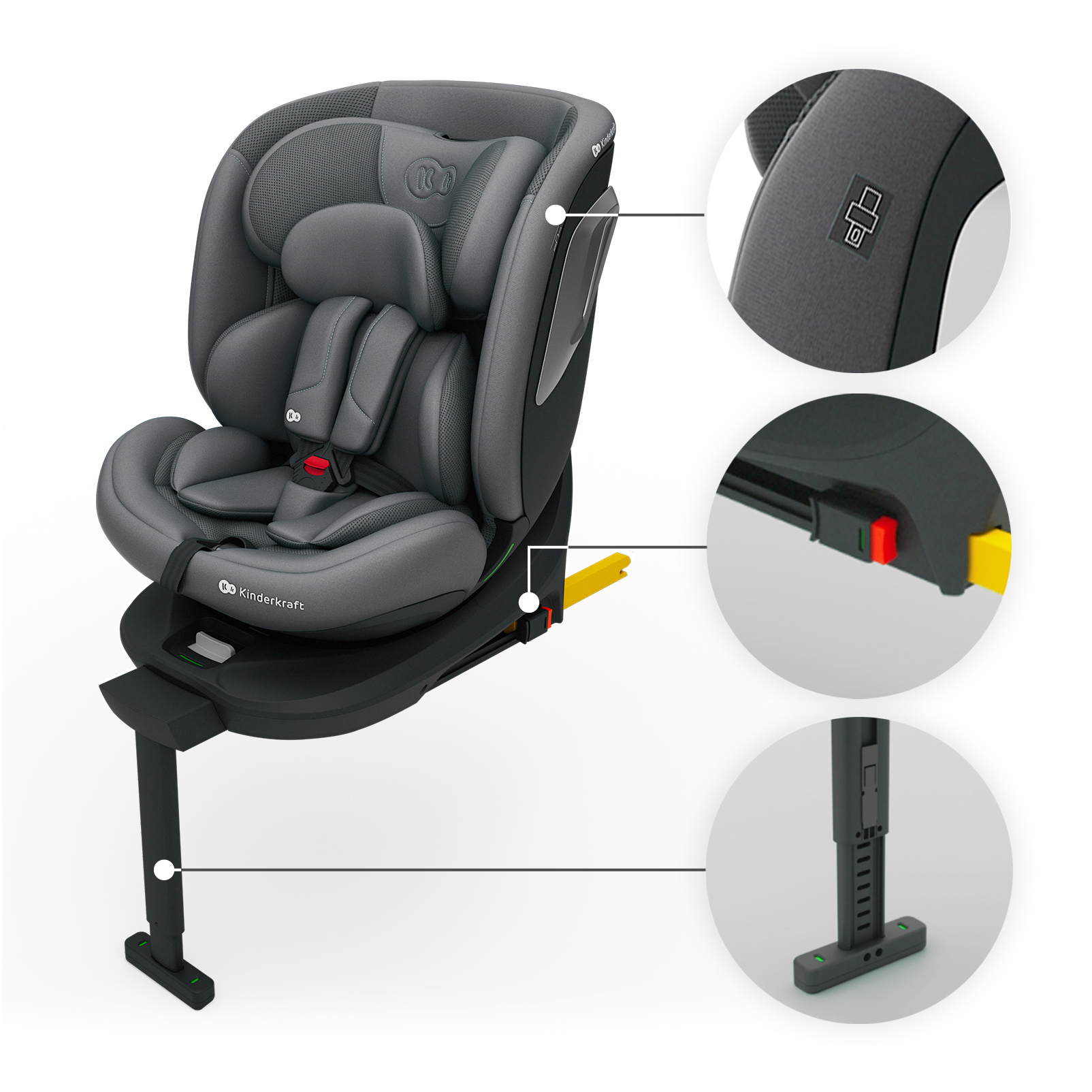 Asiento de coche gris con detalles: arnés, hebilla, pata de apoyo y bloqueo ISOFIX.